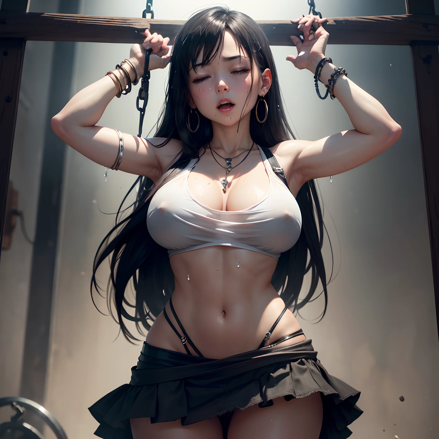 Tifa in a tattered white tank top、Hands are tied with high and upwards、Drenched in sweat and severely closed eyes with a painful expression、、The black miniskirt is torn and fluttering、Water is poured from the head in a dark cage、Jaw raised、A picture where you can see the whole body from below、I can see the white panties、huge tit、Whip whip、large earring、Big necklace、Lots of bracelets、The jaw is raised and looking upwards and gasping、One leg is tied up、Drenched and clothes are see-through、Clothes are torn to tatters、Black miniskirt、