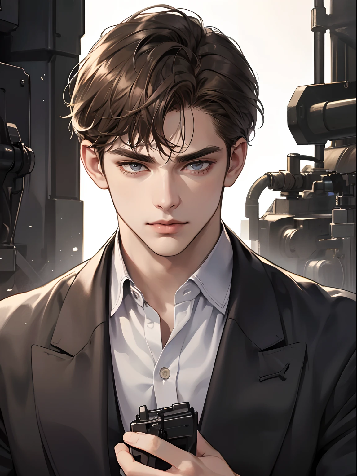 masterpiece, best quality, realistic, 1man, mature male, quiet and charming young man, 25 years old, close his eyes, serious look, extremely detailed face, smirk, ((dark grey eyes)), ((short-right-swept dark brown hair)), [thick eyebrows], mafia, ((black suit)), ((holding a machine gun)), accurate, close-up look