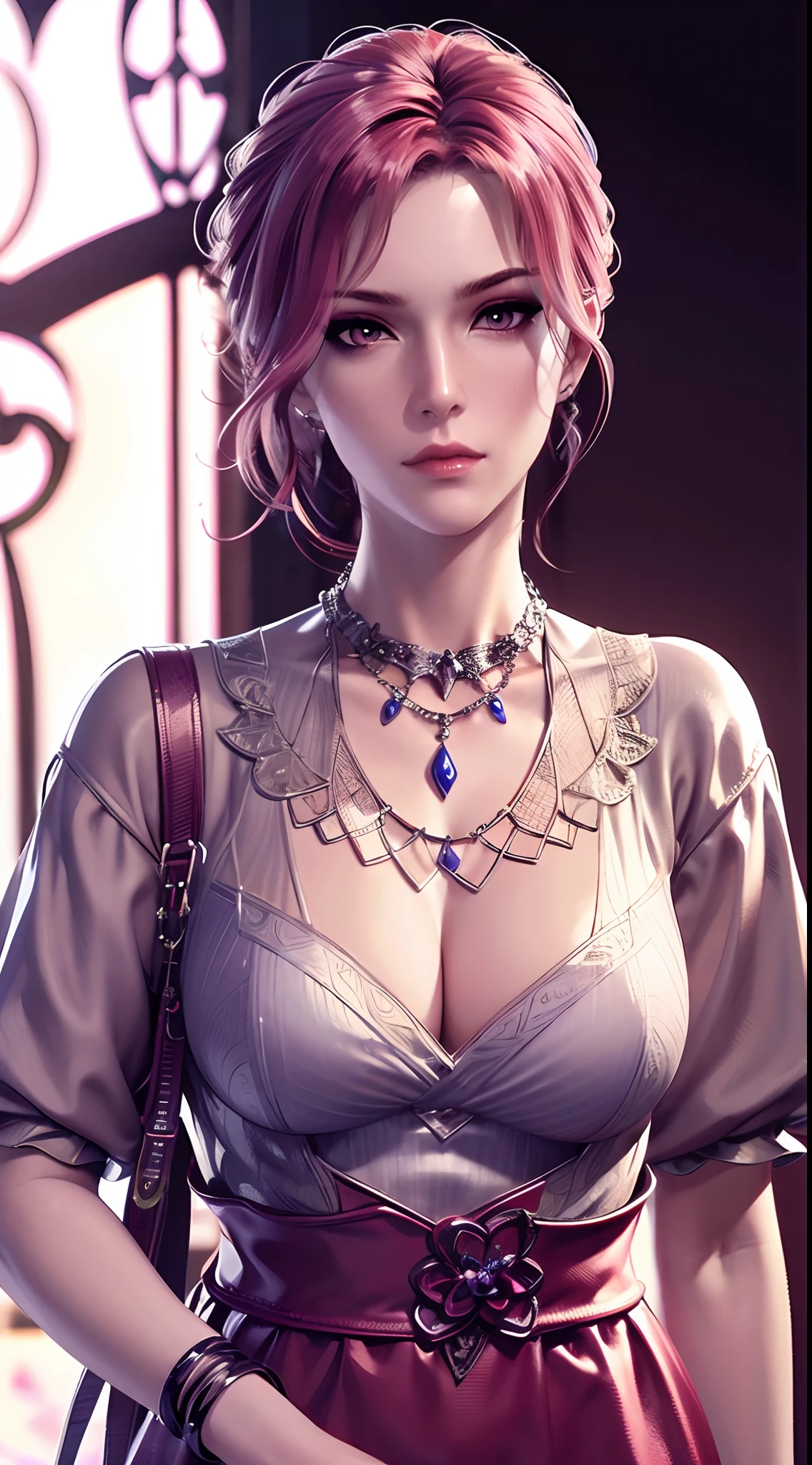 Bibi Dong,(((Mature female, (Pink iris:1.3), eyeslashes, Black eyeliner, black eyeshadows, braidedhair, Tattoo on the forehead, short detailed hair, Pink hair, pony tails,))),((Masterpiece)),A high resolution, ((Best quality)),tmasterpiece,top-quality,best qualityer,((( looking at viewert, There is light in the eyes,Exquisite facial features,laughingly,self-assured))),