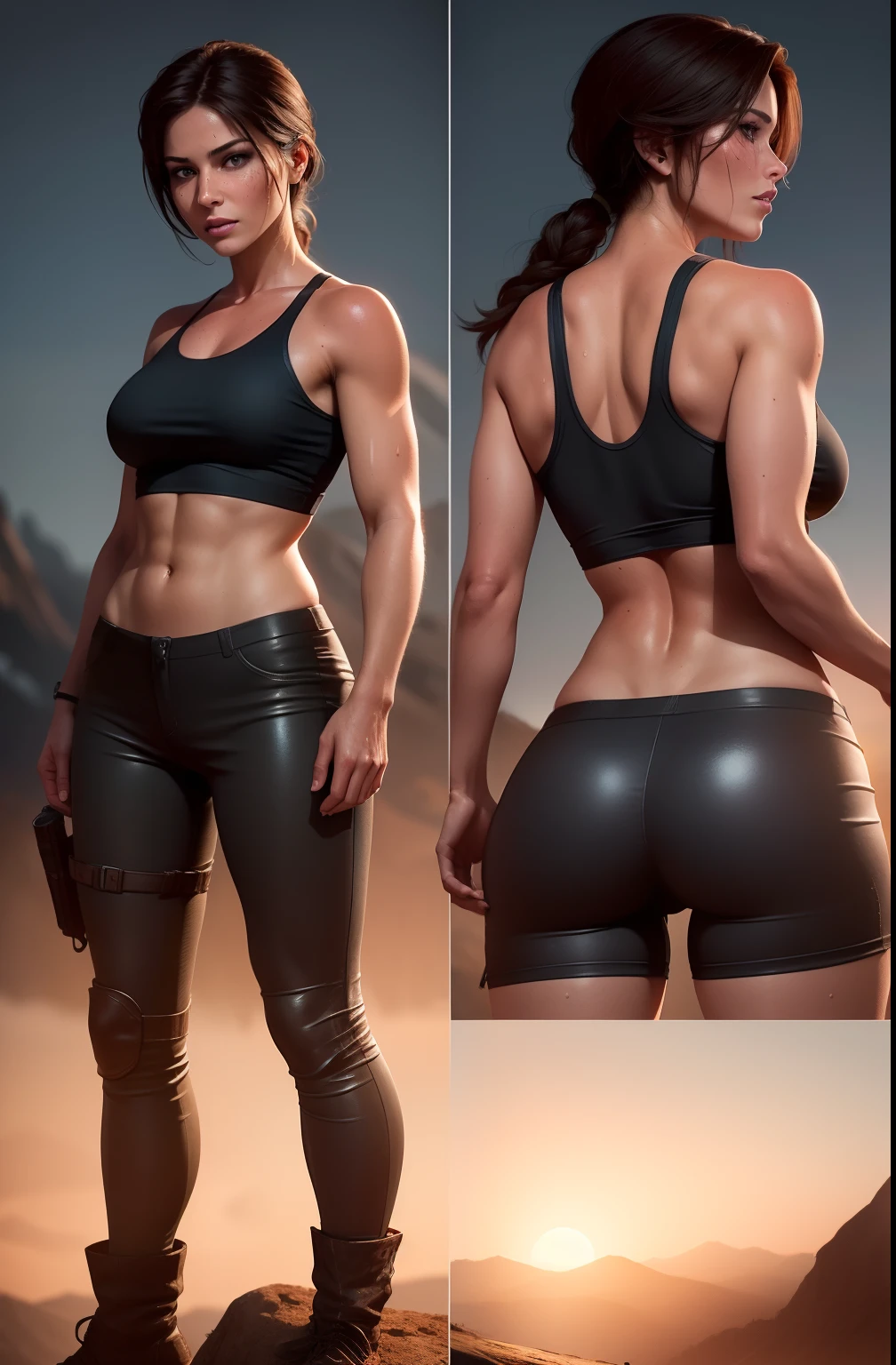 (best quality, 4k, master part :1.3), sweaty, beautiful woman, Hyper realistic attractive body :1.2), abs :0.1, wet body :1.2), Ultra-detailed face, Detailed lips, detailed eyes, Double eyelidm, Lara Croft, short torn top, torn top, ripped top, torn clothes, small boobs, sweaty body, black hot pants, short pants, lean body front, tomb raider, standing on a mountain, mountains, dirty, injured, muddy, mud on arms, mud on face, dirt on face, dirt on arms, grime, sweaty, sunset, looking backwards