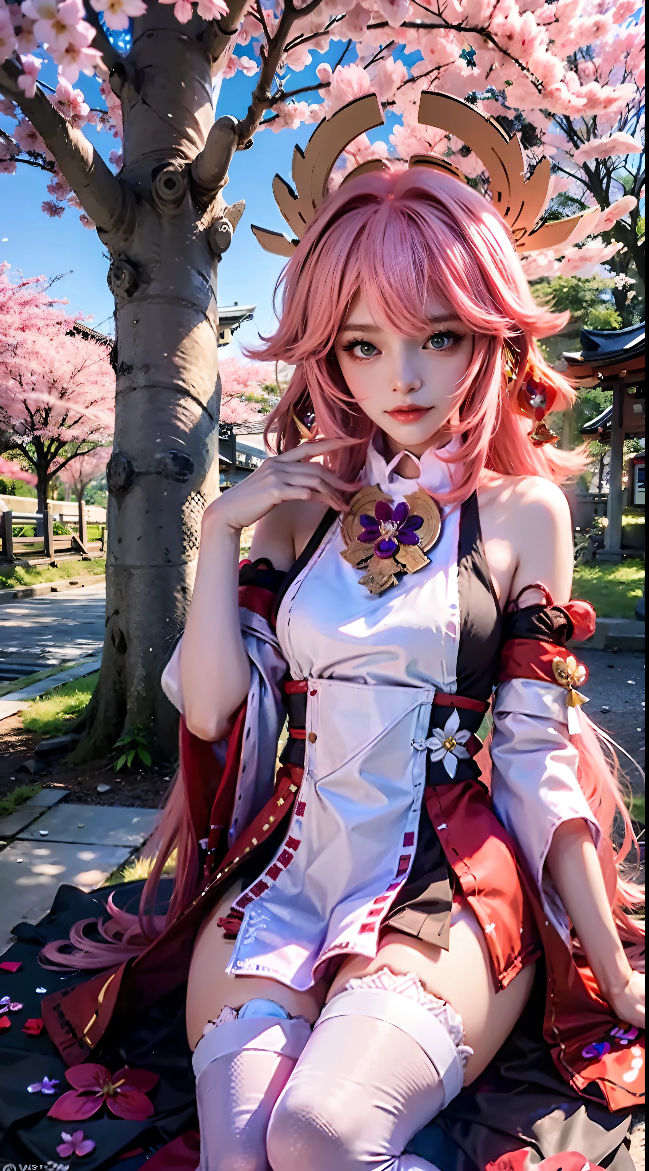 Anime girl poses on cherry blossom ground in pink dress, Kokiyo from Genshin Impact, Nakari from Genshin Impact, Barbie in white stockings, from Azure Lane video game, Ki no Sakura, popular on CGSTATION, Ayaka Genshin Impact, Ayaka Game Genshin Impact, girl sitting, half lying down