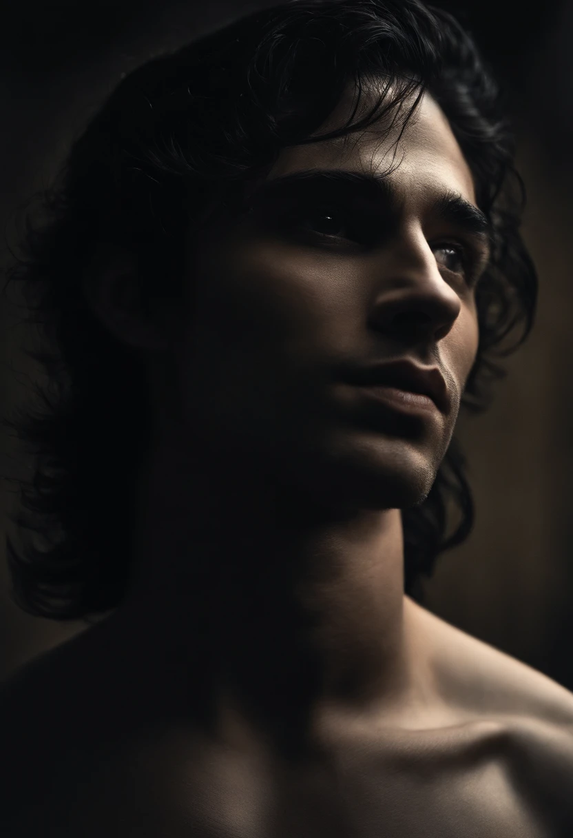 (Best quality,photoreallistic),(Sombre,pressentiment) Un homme,Detailed black eyes,long black hair resembling the night,pale skinned,Cernes visibles,athletic body but covered in scars,Disturbing atmosphere,Gothic aesthetics,Apparence cauchemardesque,Regard intense,mysterious aura, posture sinueuse et tendue,Dramatic shadows and lighting,striking contrast between light and dark,Suspicion of danger,Enchanted atmosphere, on ne voit que son visage.