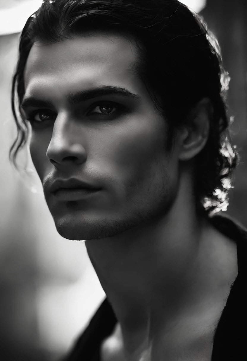 (Best quality,photoreallistic),(Sombre,pressentiment) Un homme,Detailed black eyes,long black hair resembling the night,pale skinned,Cernes visibles,athletic body but covered in scars,Disturbing atmosphere,Gothic aesthetics,Apparence cauchemardesque,Regard intense,mysterious aura, posture sinueuse et tendue,Dramatic shadows and lighting,striking contrast between light and dark,Suspicion of danger,Enchanted atmosphere, on ne voit que son visage.