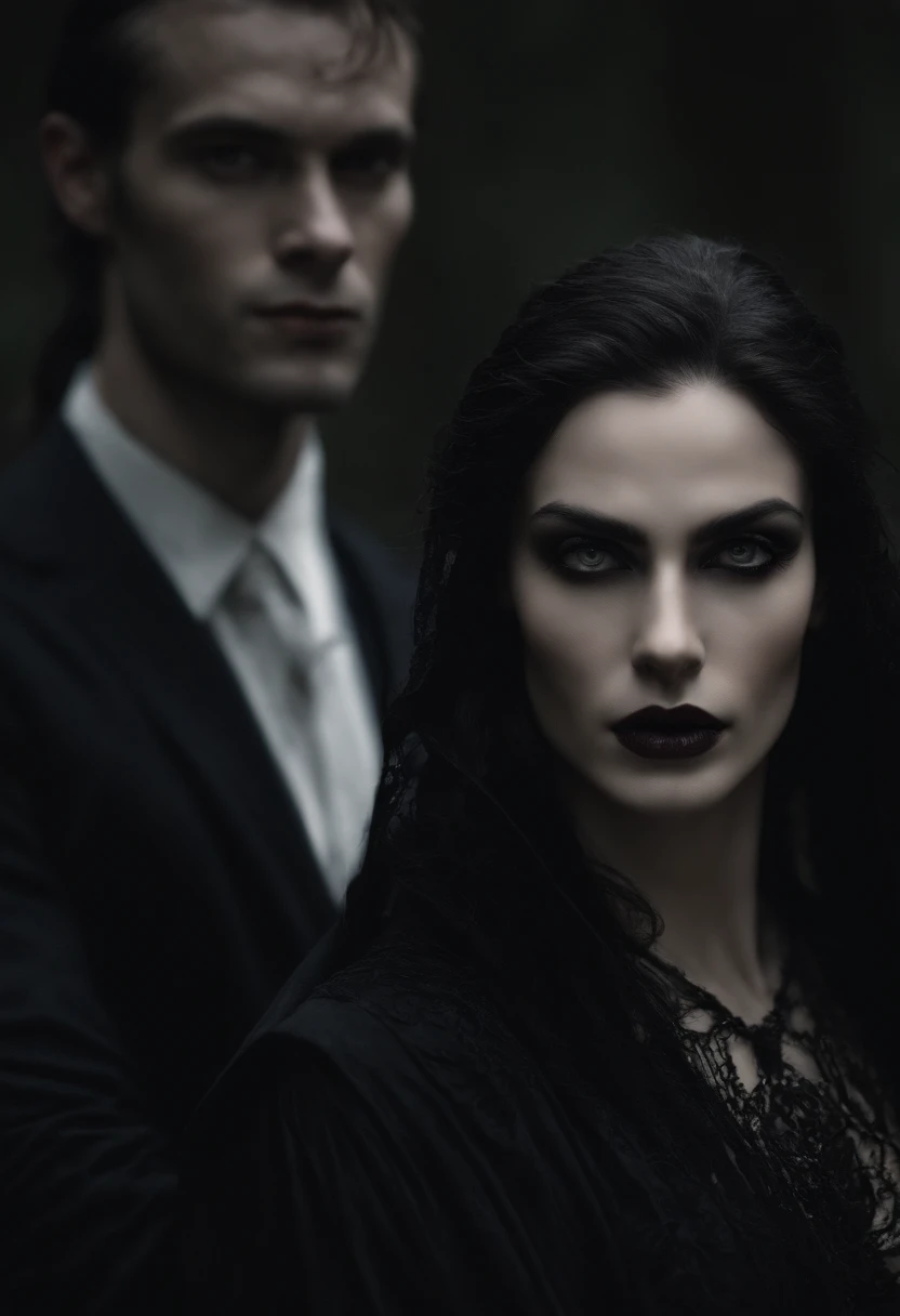 High detail RAW color Photo of a vampire, pale skin with dark circles under the eyes, sharp teeth, long black hair, red eyes, serious expression, standing in a dark, abandoned castle, surrounded by shadows, fog, or smoke, symmetrical, highly detailed, harsh lighting, cinematic lighting, serious eyes, contrast, textured skin, cold skin pores, hasselblad, gigapixel, hard light, dramatic posing, wearing black clothing with a cape or coat, holding a blood-filled goblet or with blood on their lips.