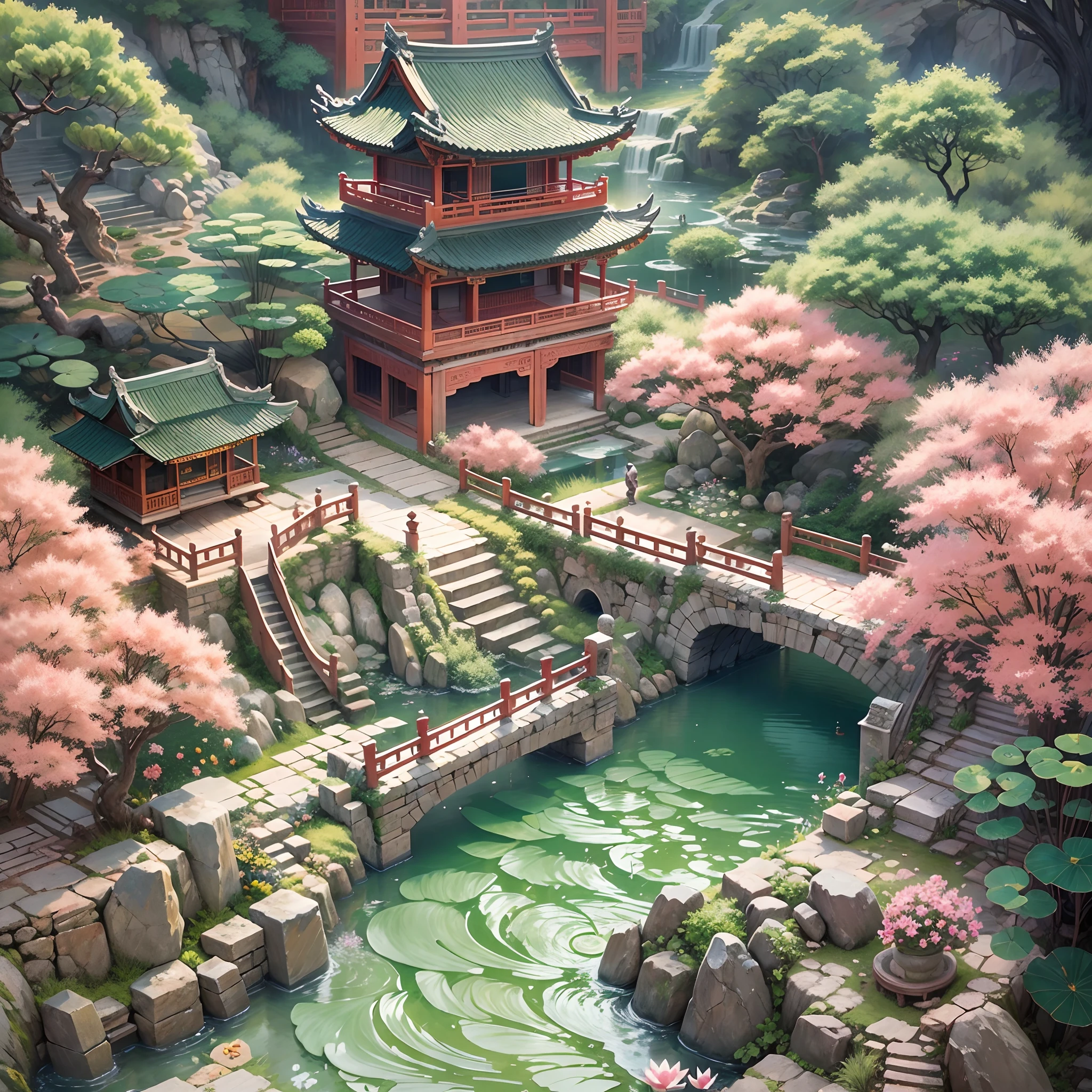 （Isometric animation,cold shades，white backgrounid，Caustics，sharp-focus:1.5），Magnificent ancient Chinese palace，Beautiful garden and pond，pagoda,Stone，Carefully designed traditional Chinese architecture,Picturesque mountains in the distance，Charming grounds，There is a stone path， Cascading waterfalls and streams in the palace courtyard、Lush greenery and blooming flowers，A tranquil lotus pond，Graphic illustration style，Sewing paper style，The is very detailed，cold shades、