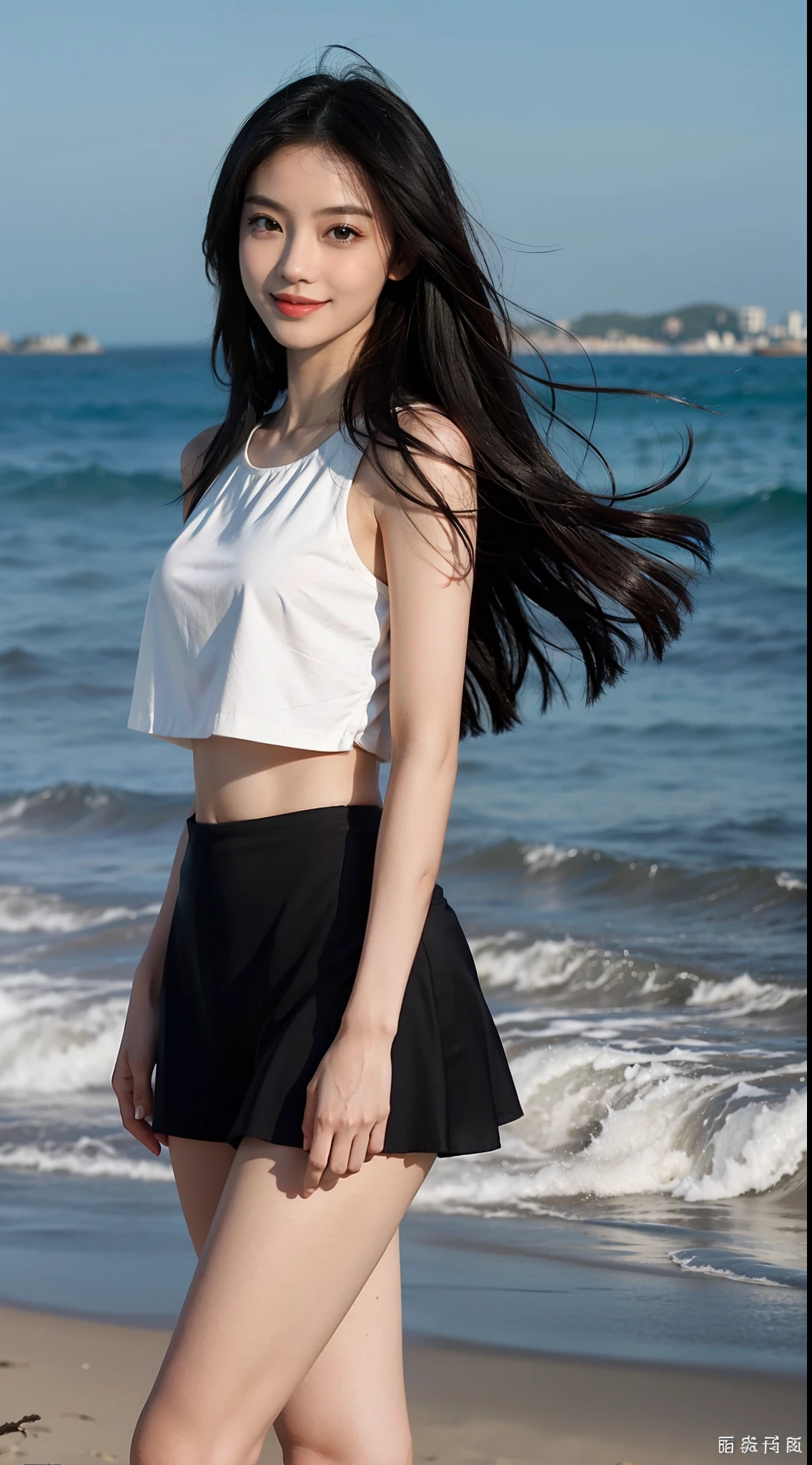 by the sea，There is a beauty that catches the eye。She has a slim figure，Wear a short skirt，Crop topping，Dance，It looks more elegant。In terms of appearance，She has long black and shiny hair，The skin is as fair as jade，The facial features are delicate and picturesque，Especially those big bright eyes，It seems to be able to see through people's hearts。She often has a smile on her lips，Exudes charming confidence and charm，Best quality，Face to face audience，