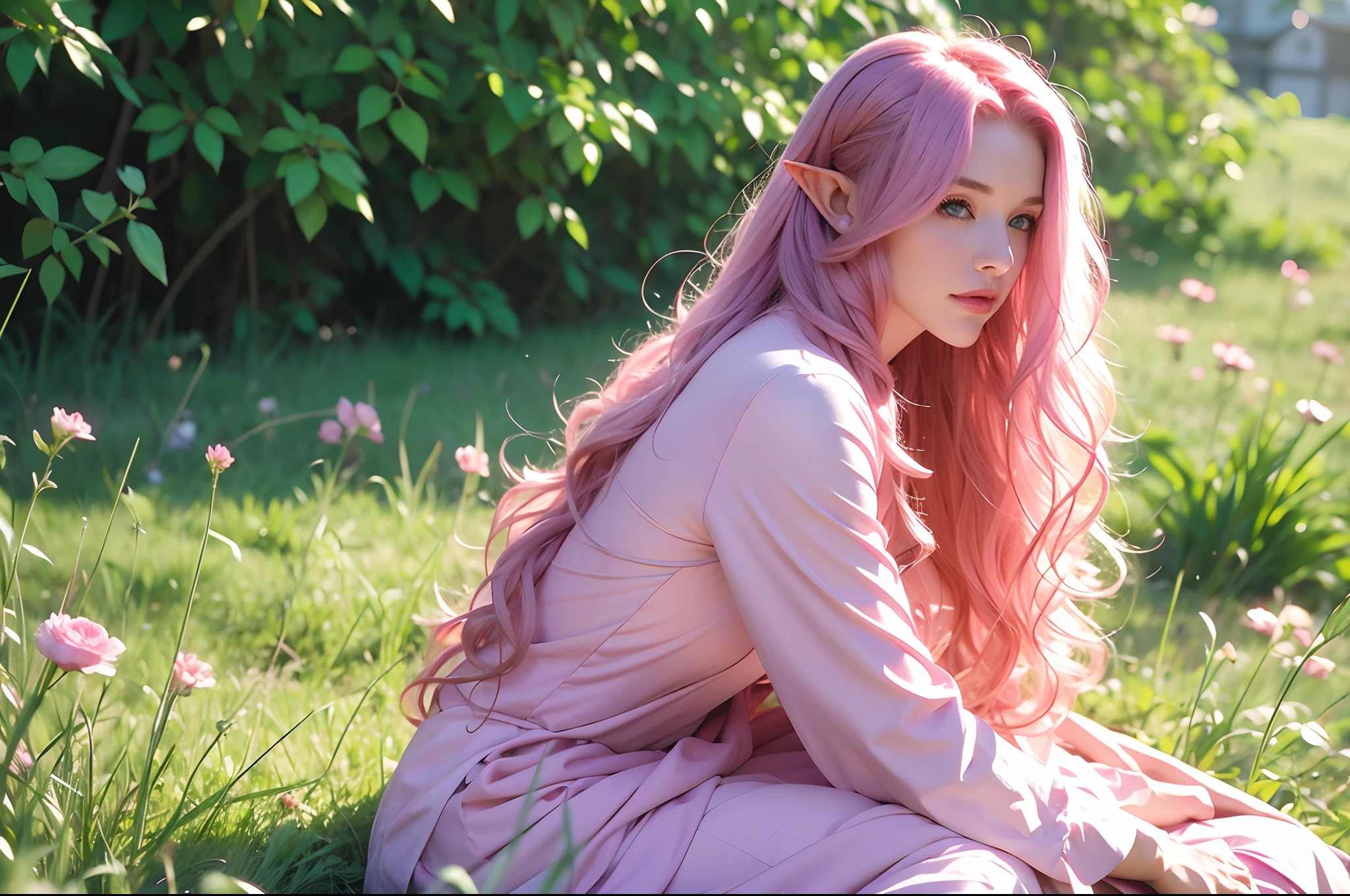 One woman, long curly hair, pink hair, blue eyes, elf, woman in grass, grass, flower, sitting, 1 woman