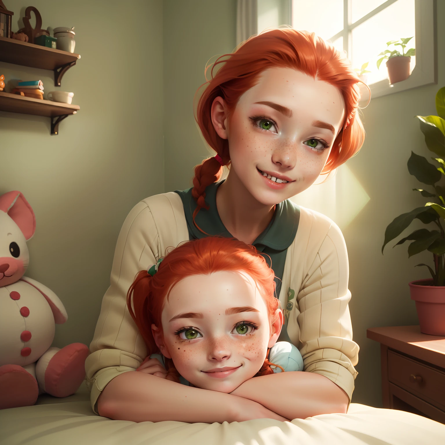 23 year old woman, (cute, freckles, beautiful, cheerful), with a ginger pigtails, (hair slightly covers her forehead), (beautiful face, detailed face), hands not visible, inside, bedroom, (cute bedroom, plushies, polaroid photos on wall, green plants around the room, plant hanging by the window), laying on bed, smiling, warm sunlight through the window, wide-angle, (1girl)
