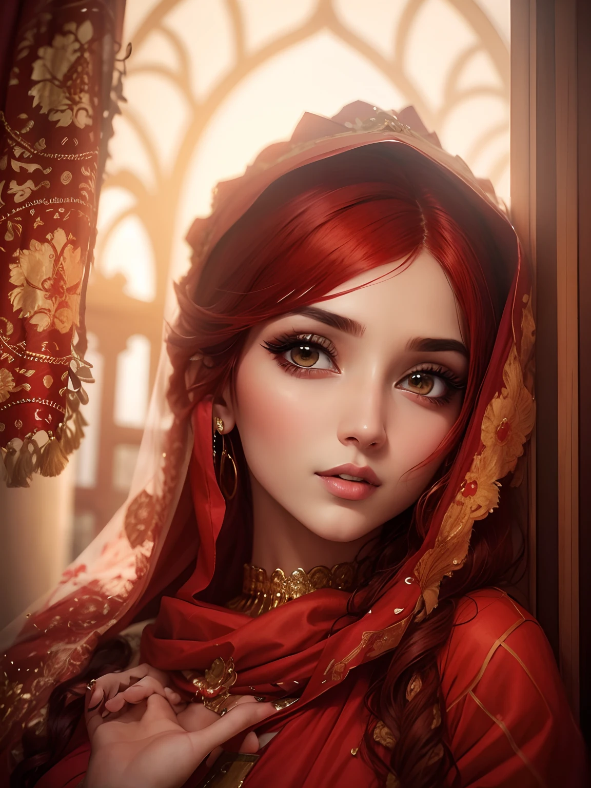 A beautiful girl in bridal pakistani dress with red hair