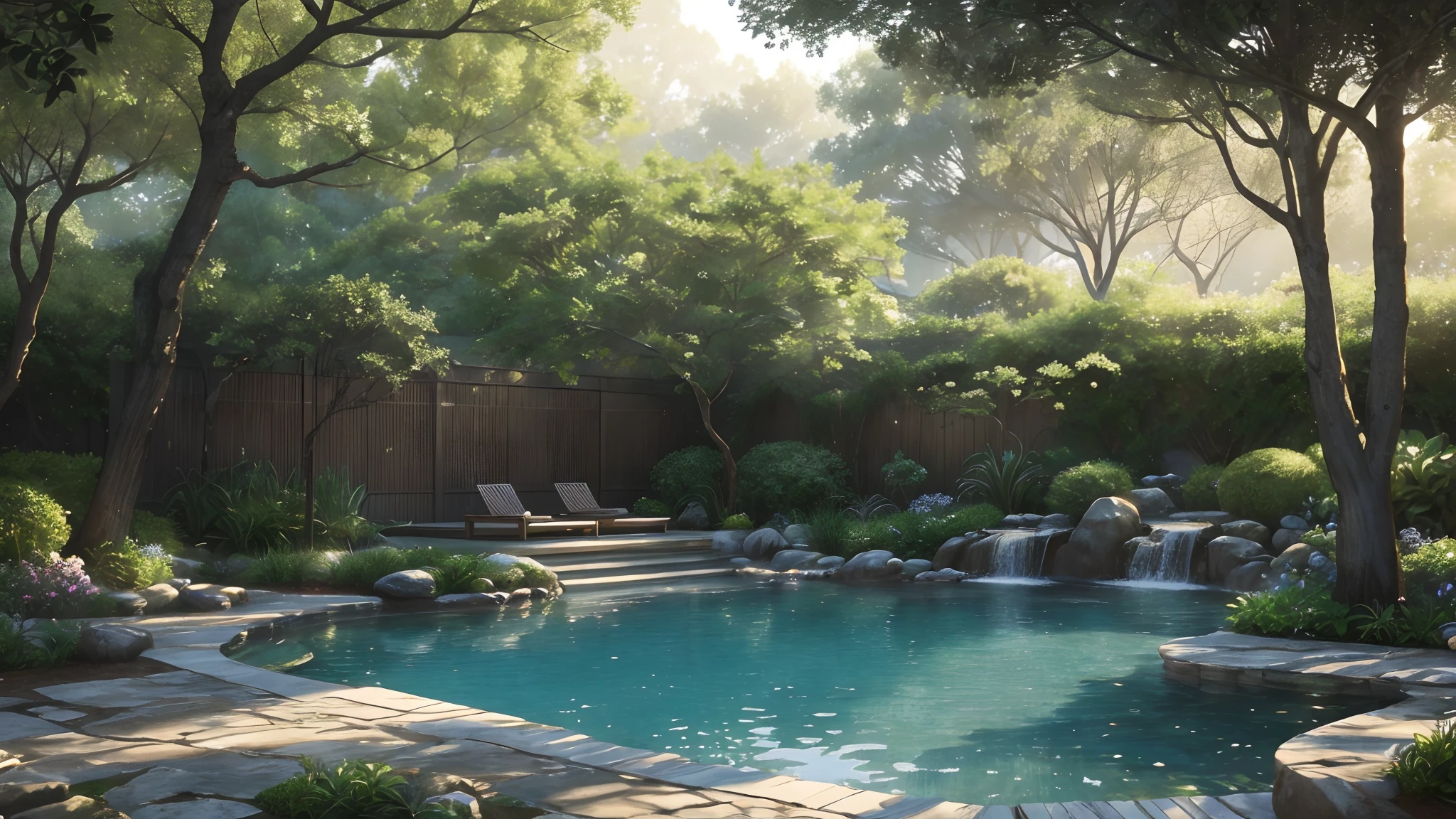 (best quality,4k,8k,highres,masterpiece:1.2),ultra-detailed,(realistic,photorealistic,photo-realistic:1.37),monochrome watercolor:1.2,greyscale:0.9,peaceful courtyard,soft colors,serene pool,vibrant blooming flowers,tranquil atmosphere,sun-dappled,gentle breeze,rippling water,serenity,muted tones,subtle shadows,textured watercolor strokes,peaceful ambiance,lush foliage,harmonious composition,delicate petals,stillness,relaxed environment,calmness,earth tones,quiet refuge,serene escape,subdued palette,dim lighting,reflective surface,whispering nature,tranquil haven,dreamlike quality,calming retreat,soothing surroundings,wistful mood.