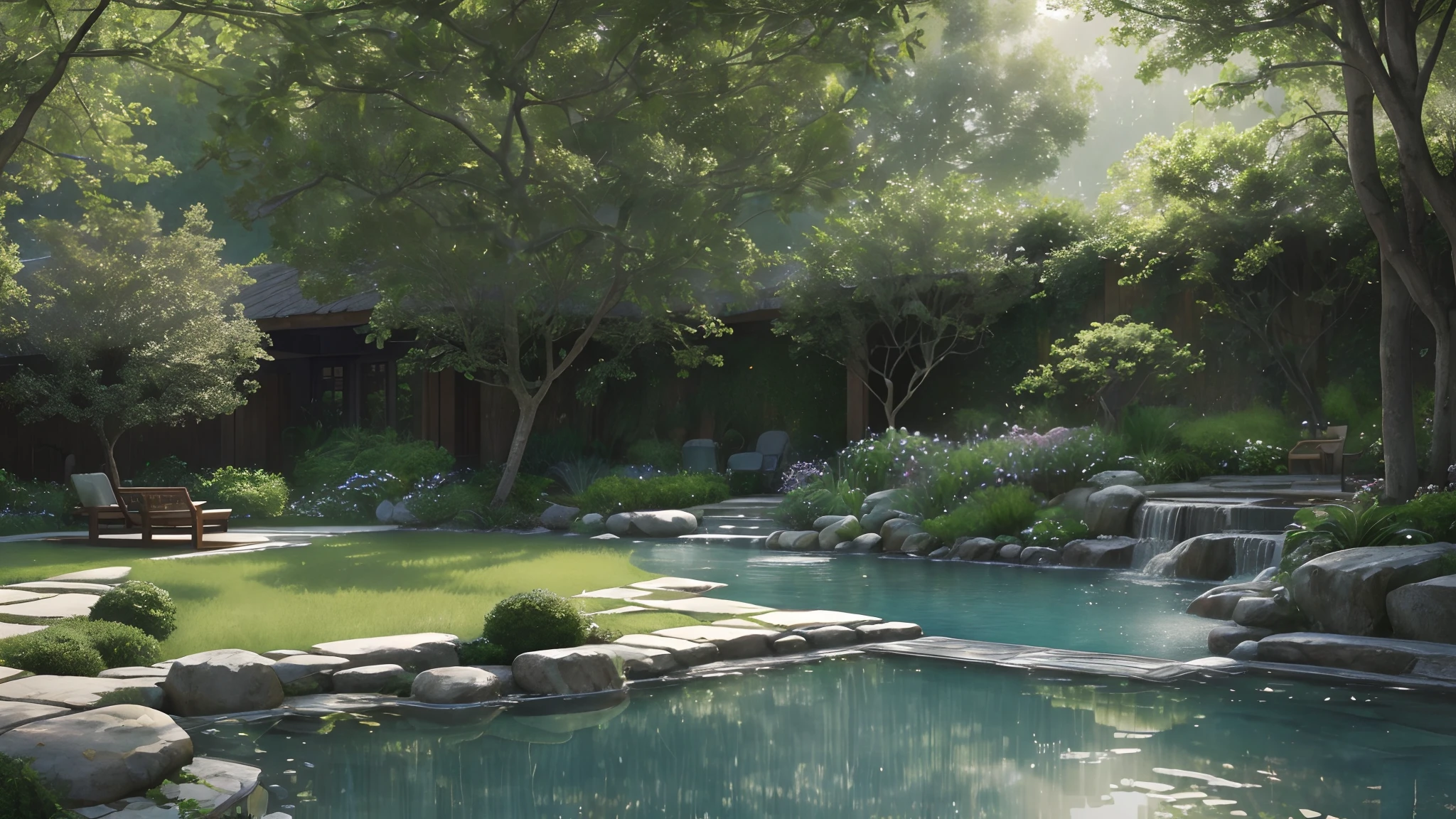 (best quality,4k,8k,highres,masterpiece:1.2),ultra-detailed,(realistic,photorealistic,photo-realistic:1.37),monochrome watercolor:1.2,greyscale:0.9,peaceful courtyard,soft colors,serene pool,vibrant blooming flowers,tranquil atmosphere,sun-dappled,gentle breeze,rippling water,serenity,muted tones,subtle shadows,textured watercolor strokes,peaceful ambiance,lush foliage,harmonious composition,delicate petals,stillness,relaxed environment,calmness,earth tones,quiet refuge,serene escape,subdued palette,dim lighting,reflective surface,whispering nature,tranquil haven,dreamlike quality,calming retreat,soothing surroundings,wistful mood.