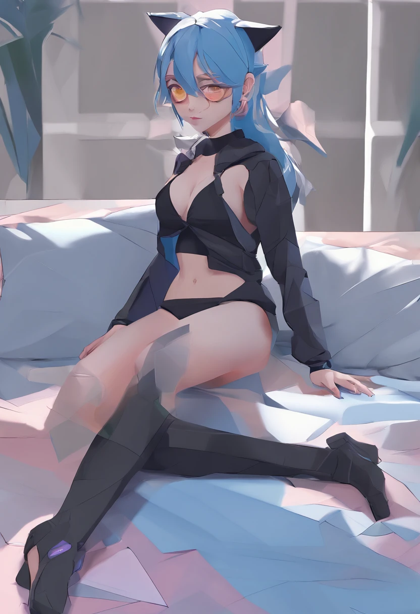 extremely fat thighs, extremely wide hips, extremely wide hips, hips as wide as the image, small breasts, tiny breasts, laying on bed, cat ears and 1 tail, blue hair, black pleated skirt, black skirt, hoodie, baggy blue hoodie, shiny black leggings, black leggings