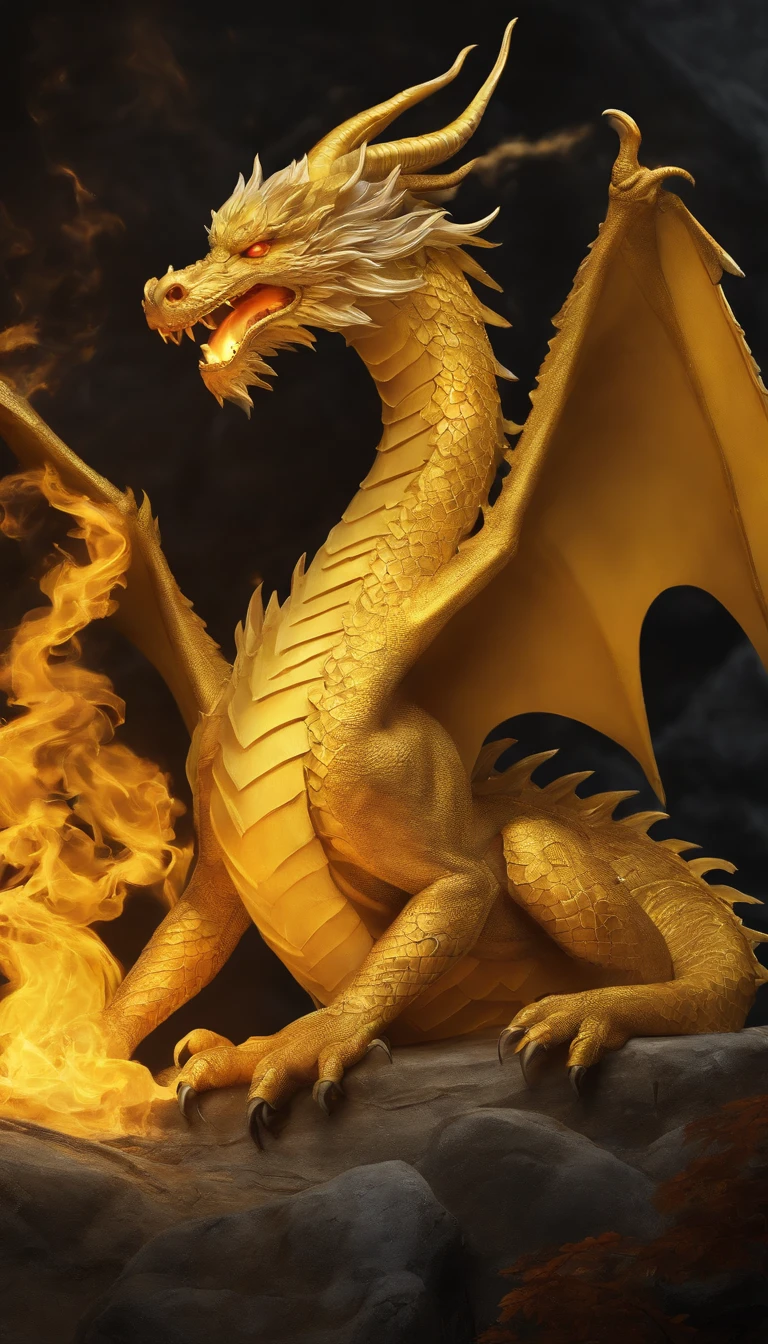 Best quality, yellow chinesedragon,fire breath,glimmering, , 2D, flat, Adorable, Vintage, Art on cracked paper, fairytale-like, Detailed illustration of the storybook, Cinematic, hyper HD, detaile, Beautiful details, mistic, Luminism, Vibrant colors,