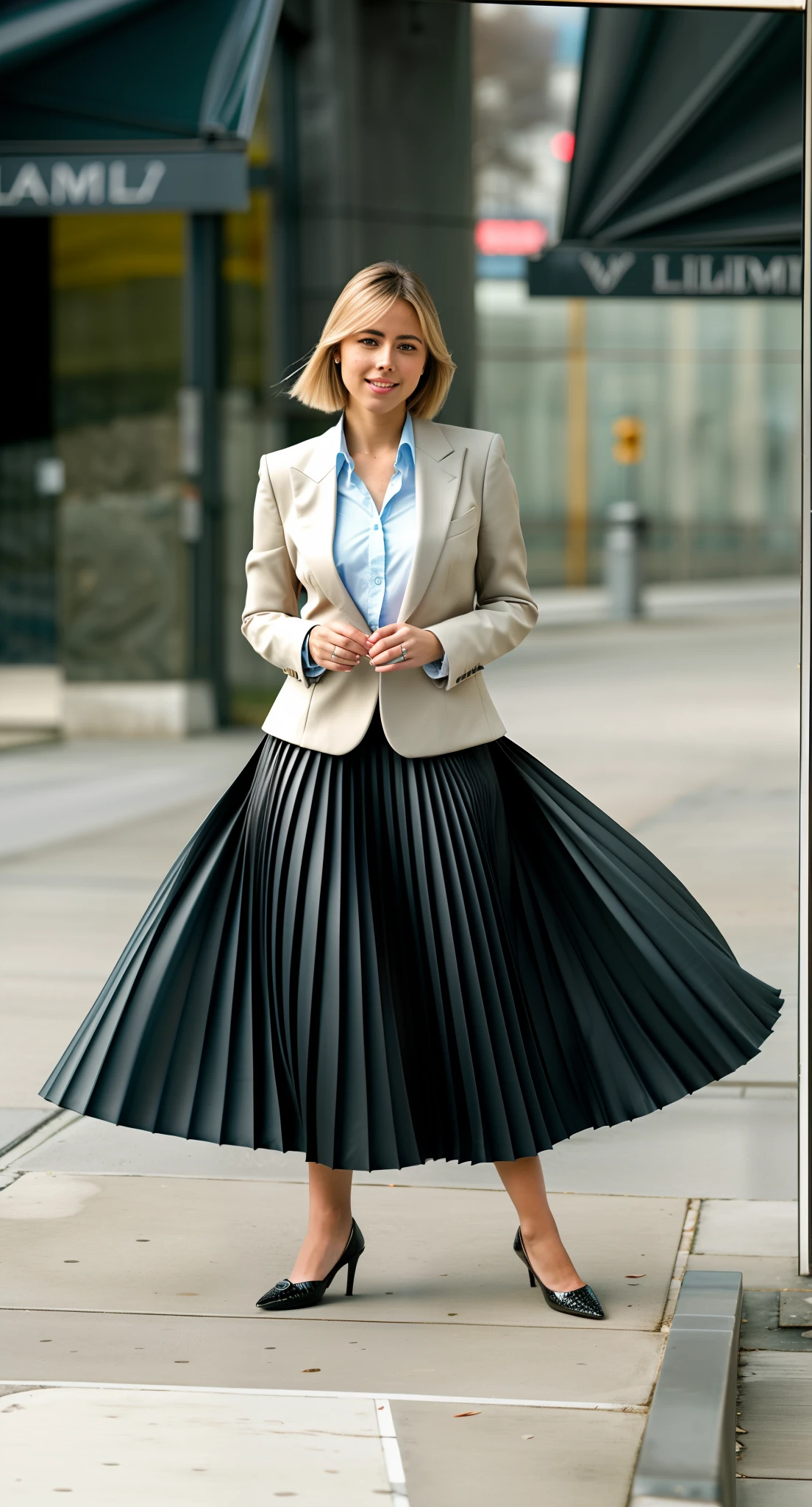 very (seductive:1,9) smiling attractive lesbian woman wearing short blazer and very very detailed (long (fully pleated) full circle skirt) and (simple) low heeled office shoes, very very intricate hyper-detailed symmetric (attractive graceful young feminine face) with (sad, tired eyes and a shy smile), large breasts, full of empathy and compassion and love, (pronounced (feminine) features), (highly detailed ultra accurate realistic) hands and fingers, (windy conditions and wind blowing), epic composition, highly detailed attributes, highly detailed atmosphere, (35mm f1.4 Kodak portra 400 photograph), extremely high quality RAW photograph,