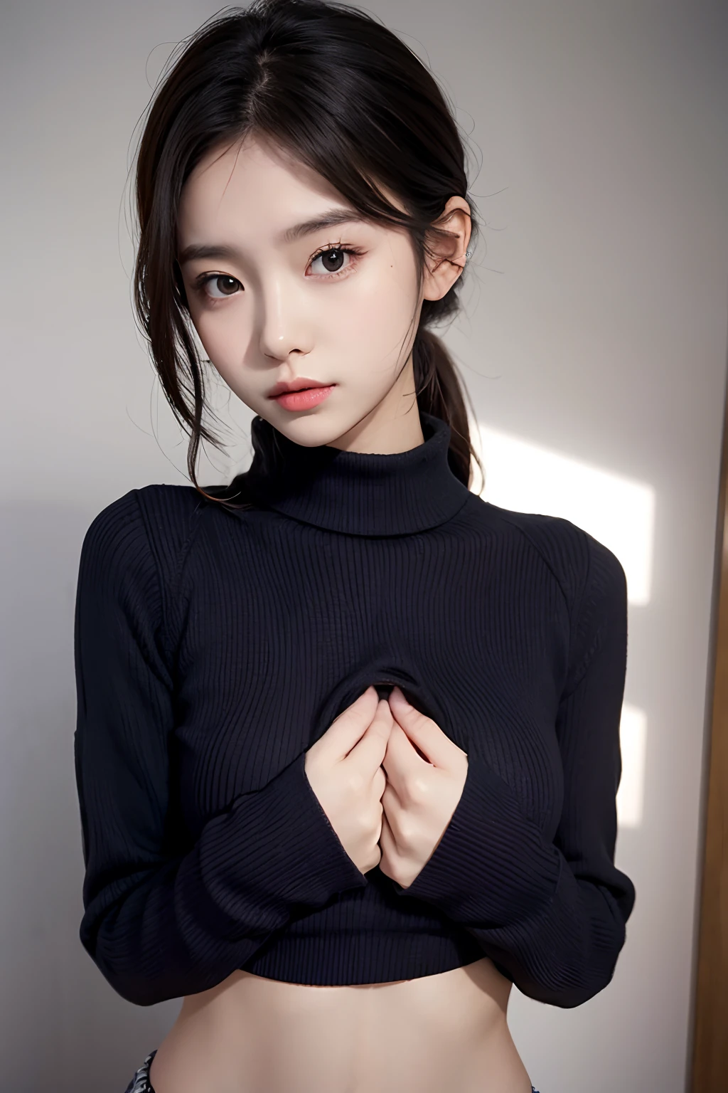 The girl covered her chest with her hands, strategic covering chest