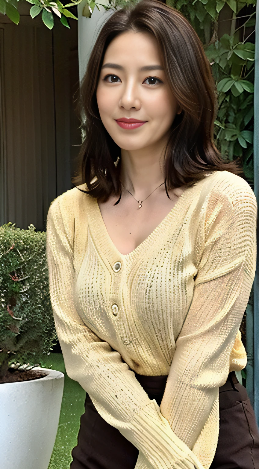 top-quality、tmasterpiece、超A high resolution、(Photorealsitic:1.4)、A Japanese lady、48-year-old woman,Wavy brunette hair、Silk、Long yellow sweater,lacepantyhose(huge-breasted:1.4)、standing on your feet:1.2,Garden background,Slightly chubby body:1.2,Straight body,Slightly chubby face:1.2,Wrinkles at the corners of the eyes,There are wrinkles at the corners of the mouth,(fully body photo)
