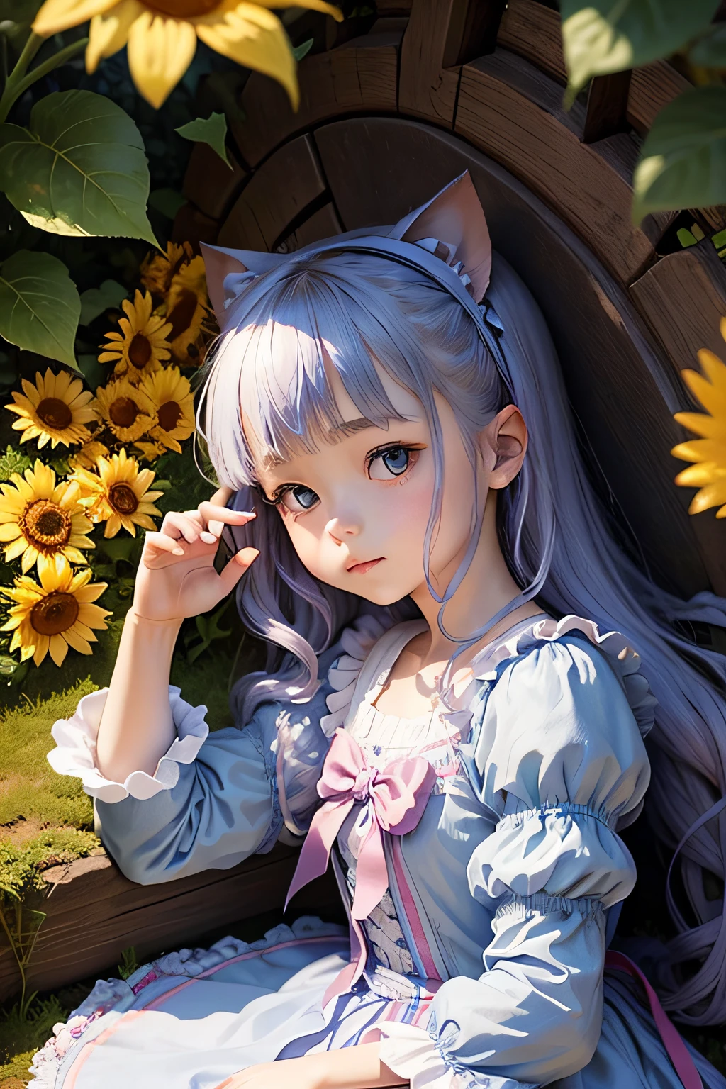 Alice \(Alice in Wonderland\),kawaii、tiny girl、Cheshire Cat、Live Action、girl with、Sun flower、blue open sky、Mare、pup