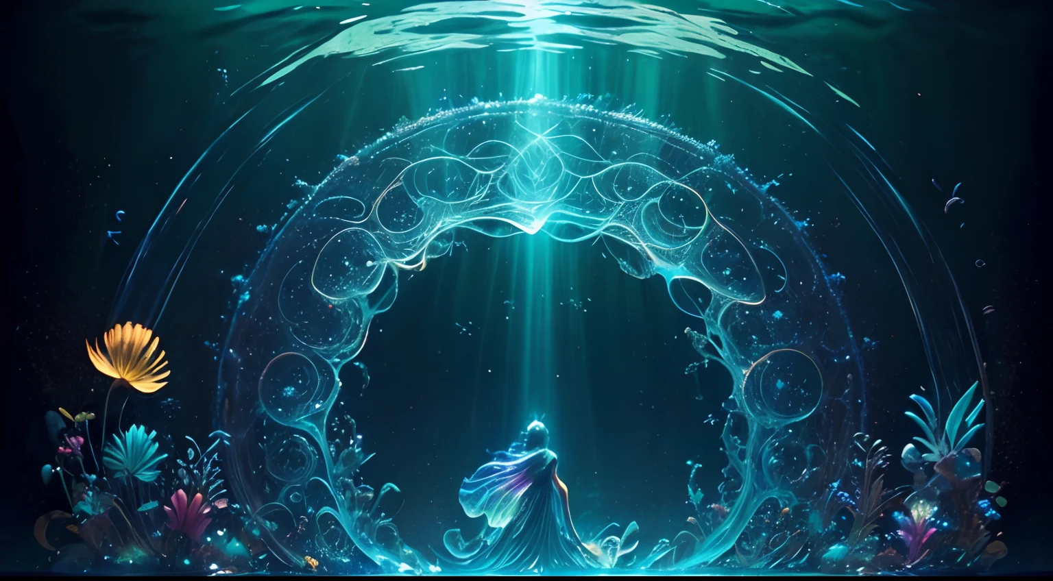 Arte en movimiento,medusas bioluminiscentes flotando en la profundidad del oceano, llevadas por la corriente. Colores fluidos, translucidos , fosforescentes, de colores brillantes, colores radiantes, psicodelicos,iluminan el entorno oscuro con su fosforescencia, sensacion de movimientos fluidos , arremolinados, movimiento de los tentaculos de acuerdo al arte de los fluidos en movimiento,obra maestra, Beautiful psychedelic entropy