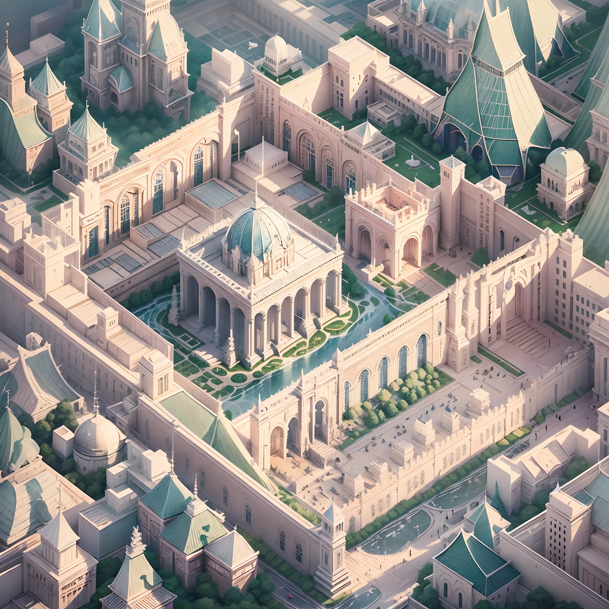 (Isometric animation,cold shades,white backgrounid,Caustics,sharp-focus:1.5),((Palace complex)),(bird's eyes view),Graphic illustration style,Sewing paper style,The is very detailed,cold shades、