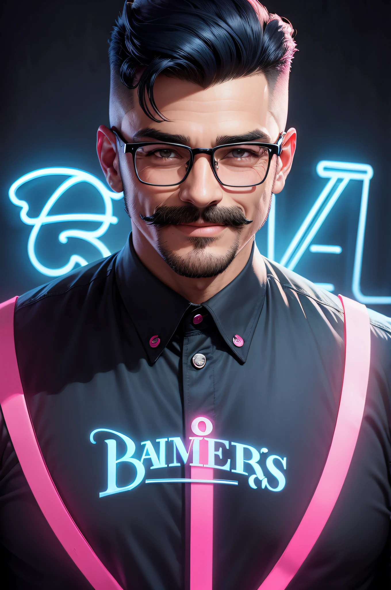 A mustachioed man with glasses with a perfect haircut, a publicity photo for a barbershop, em um fundo preto e azul neon e rosa, advertising lighting, in the style of an advertising poster, penteando o cabelo e sorrindo