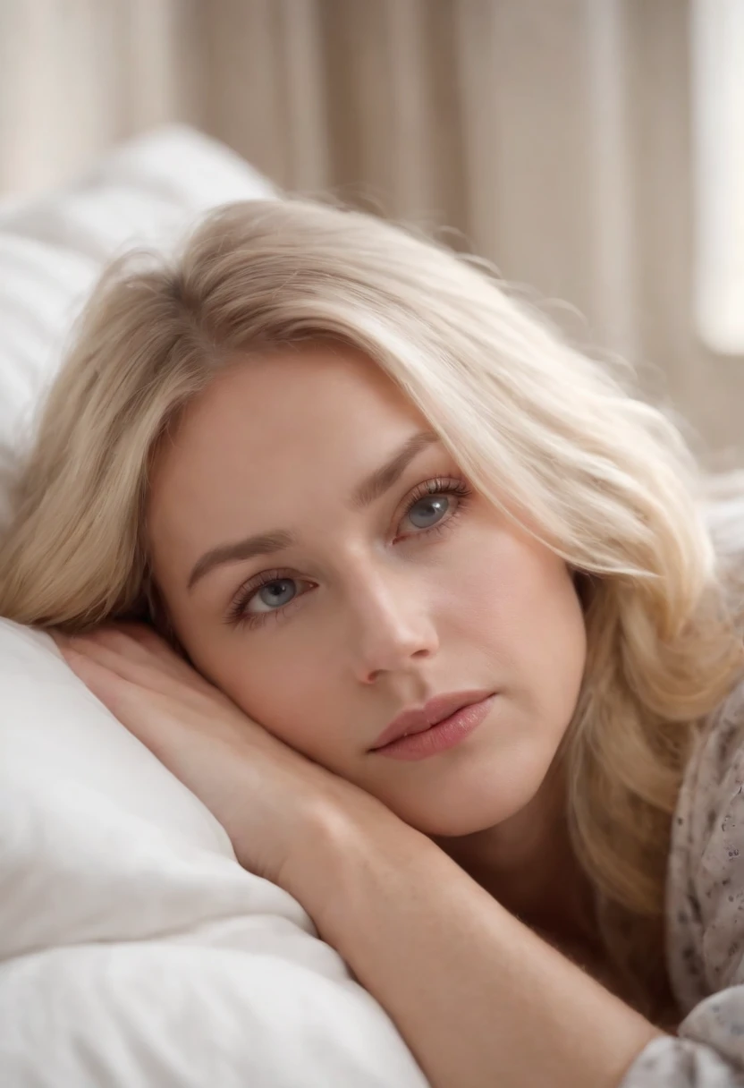 a blonde woman, long hair and in pajama clothes, sleeping in a cozy bed