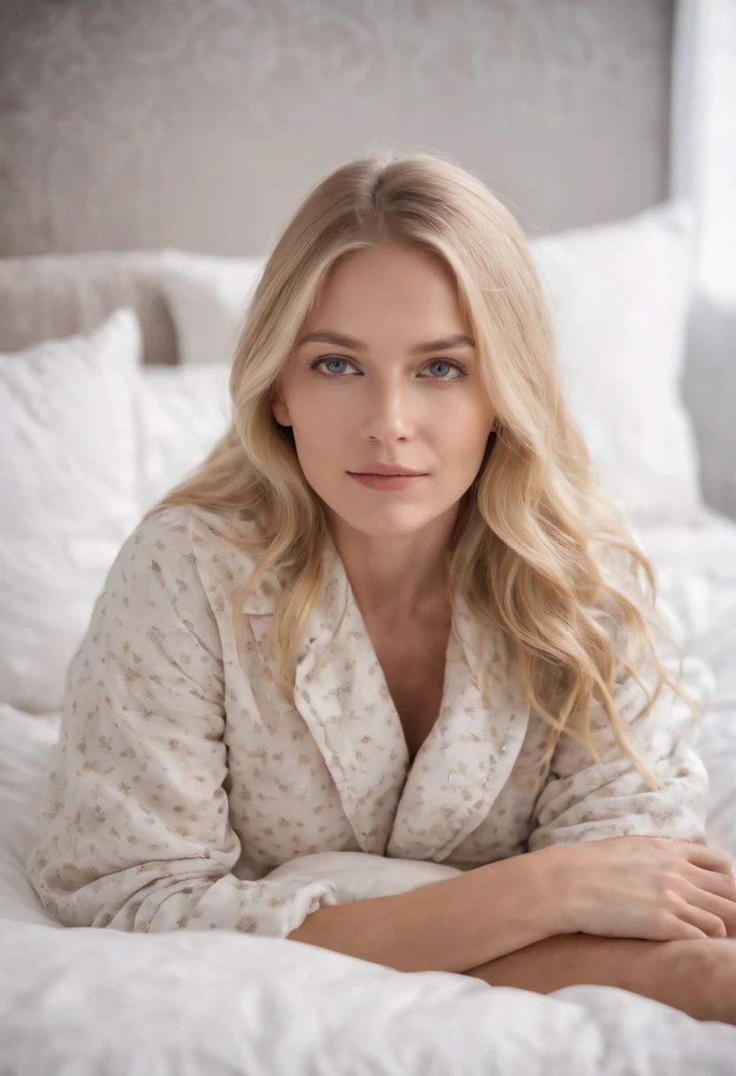 a blonde woman, long hair and in pajama clothes, sleeping in a cozy bed