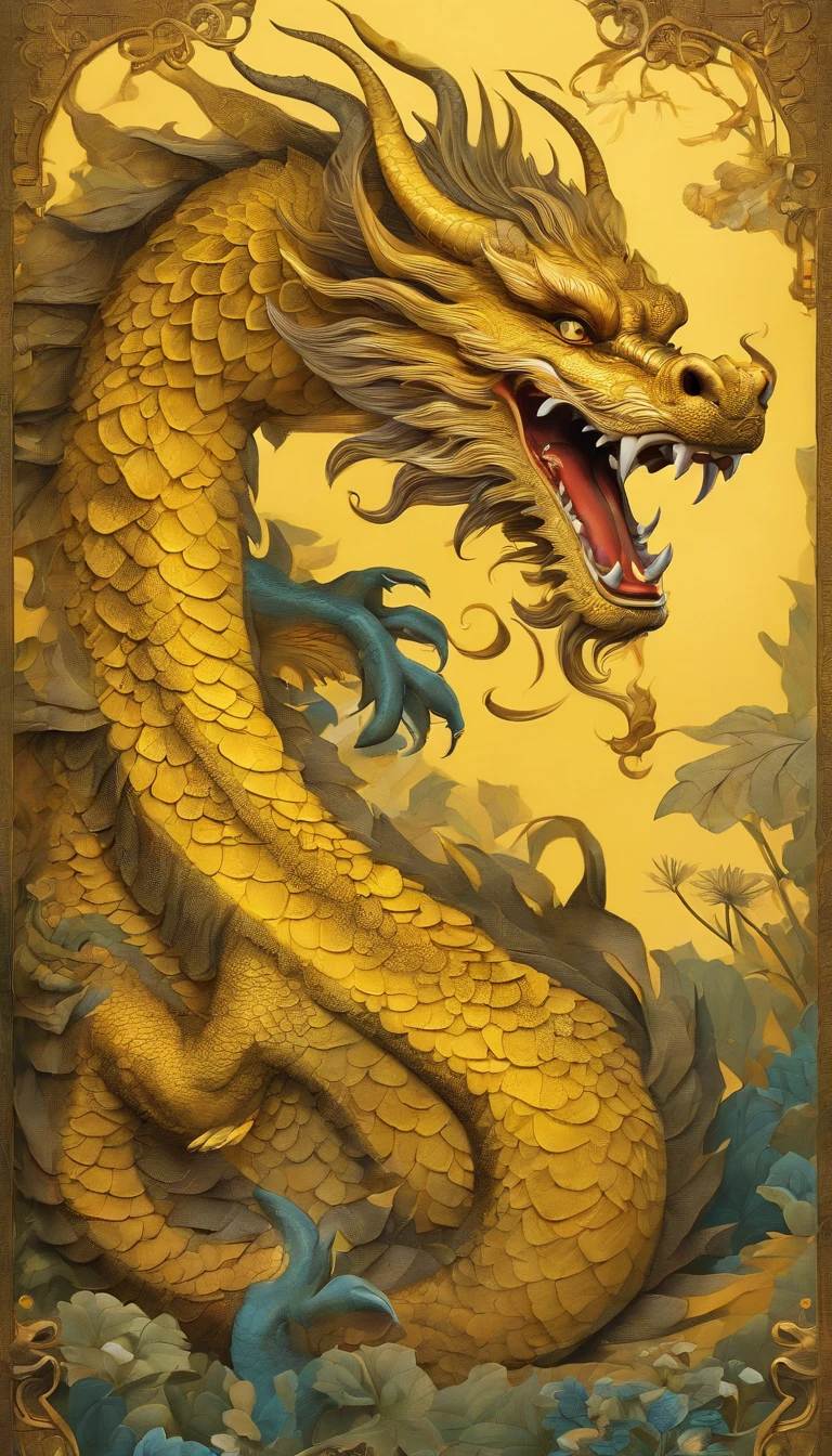 Best quality, yellow chinesedragon，glimmering, , 2D, flat, Adorable, Vintage, Art on cracked paper, fairytale-like, Detailed illustration of the storybook, Cinematic, hyper HD, detaile, Beautiful details, mistic, Luminism, Vibrant colors,