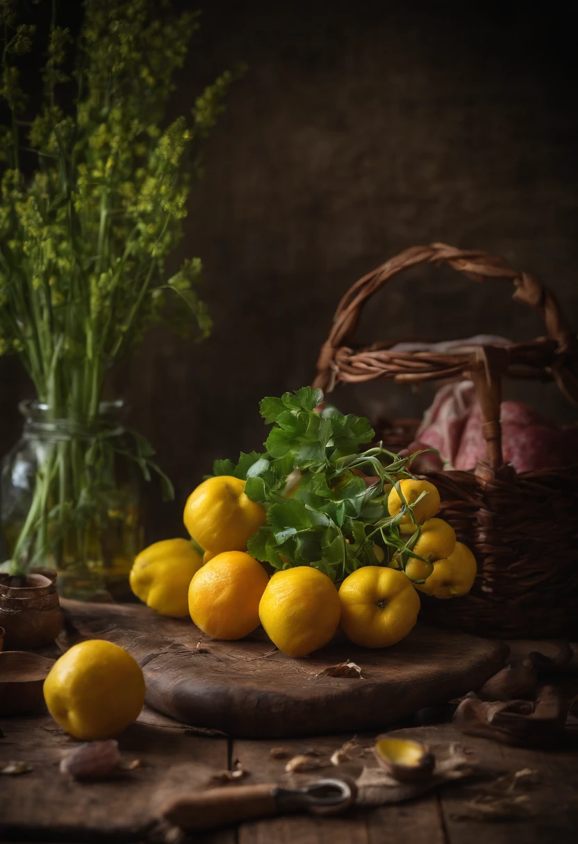 Colorful rapeseed vegetables in a bamboo basket on an antique desk Fruits, Meat and ham、AngelT