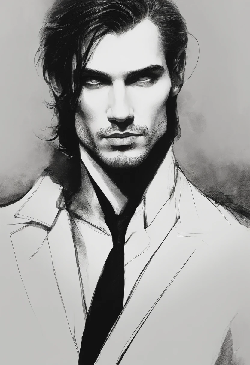 (Best quality,photoreallistic),(Sombre,pressentiment) Un homme,Detailed black eyes,long black hair resembling the night,pale skinned,Cernes visibles,athletic body but covered in scars,Disturbing atmosphere,Gothic aesthetics,Apparence cauchemardesque,Regard intense,mysterious aura, posture sinueuse et tendue,Dramatic shadows and lighting,striking contrast between light and dark,Suspicion of danger,Enchanted atmosphere, on que son visage de face.