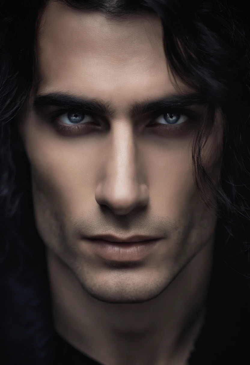 (Best quality,photoreallistic),(Sombre,pressentiment) Un homme,Detailed black eyes,long black hair resembling the night,pale skinned,Cernes visibles,athletic body but covered in scars,Disturbing atmosphere,Gothic aesthetics,Apparence cauchemardesque,Regard intense,mysterious aura, posture sinueuse et tendue,Dramatic shadows and lighting,striking contrast between light and dark,Suspicion of danger,Enchanted atmosphere, on que son visage de face.