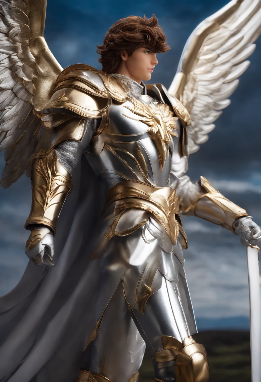 A high resolution photography of a realistic version of the Pegasus Seiya guy character from the anime "Saint Seiya Knights of the Zodiac". He has silver armor clothes that assemblies a Pegasus.