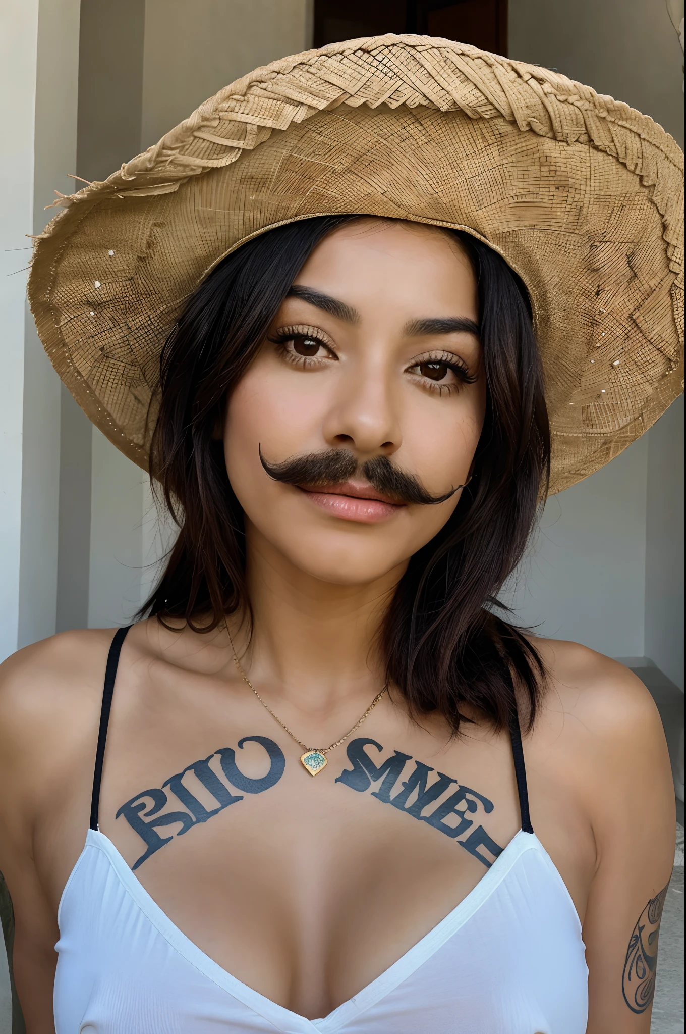 hispanic spanish latin mexican girl wearing sombrero and a mustache covered in tattoos