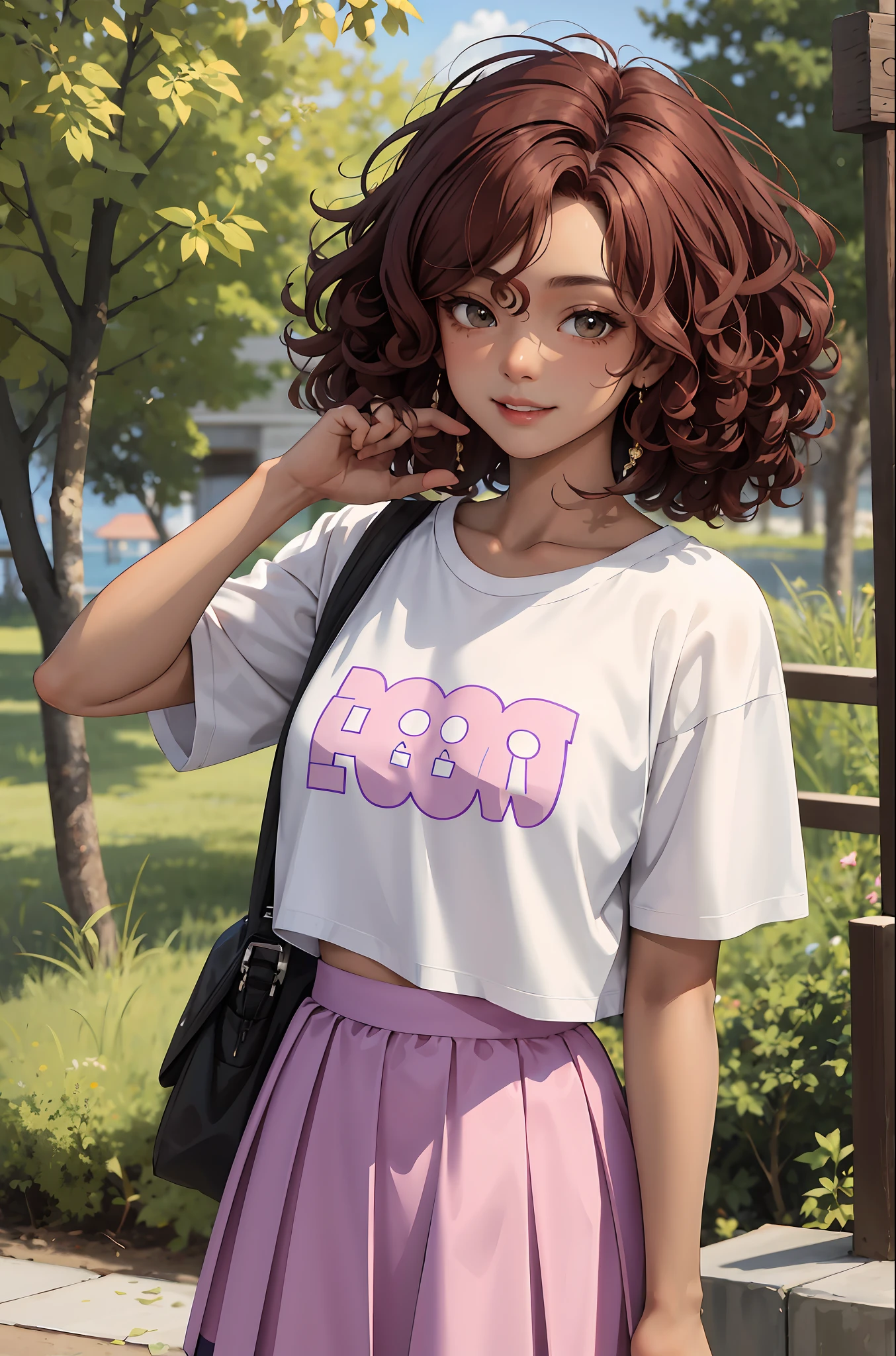(masterpiece:1.2, best quality), (real picture, intricate details), 1lady, solo, upper body, casual, long fluffy hair, minimal makeup, natural fabrics, close-up face, smile, swamp, forest settings, Anne Boonchuy, Amphibia, teen girl, 14 years old, Thai-American teenage girl, light brown skin, messy auburn hair, short auburn hair, short fluffly hair, dark brown eyes, school uniform, school t-shirt, white t-shirt, pleated skirt, pink pleated skirt, pink school skirt, Thai girl, dark skin, tan skin, light brown skin colour, dark skin colour, dark tan, light brown skin, curly hair, afro hair, short fluffly afro hair, auburn afro hair, curly hair, curly afro, purple pink skirt, PURPLE PINK skirt