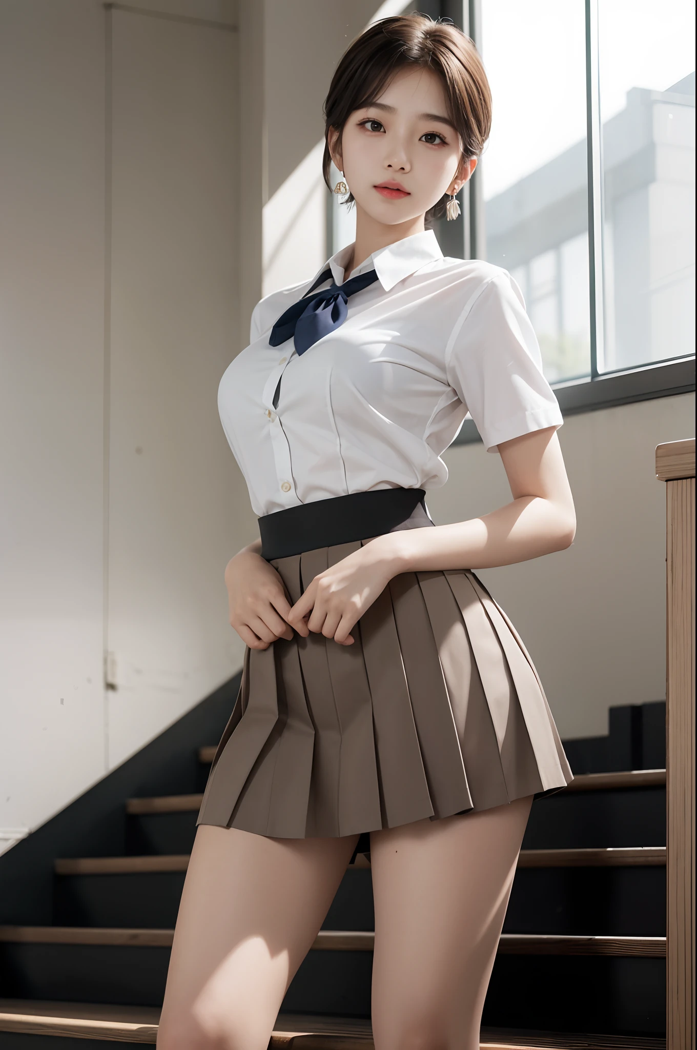 Korean school uniform, summer school uniform shirt, Ribbon Ties, Skirt, school, Classroom, school stairs, chest thrusting pose, 8K Raw photograph, high resolution, Cool 15-year-old Korean, very large round breasts, beautiful eyes in detail, Long eyelashes, beautiful double eyelid, eye shadows, eyes liner, slender eyes, Elongated eye shape, Sanpaku eyes, Evil smile, Beautiful thin legs, Beautiful slender thighs, Random short hair, Hair tied at the back of the head, Earrings, Light brown hair