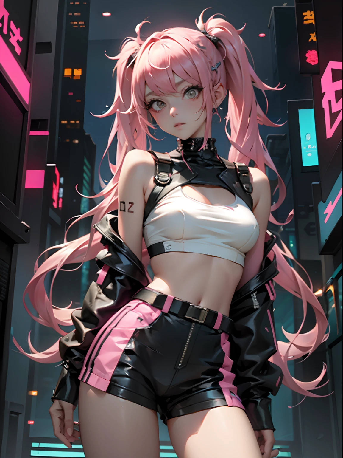 Beautiful woman pink twin tail long hair、cyberpunk style short clothes、gazing at viewer、front facing、