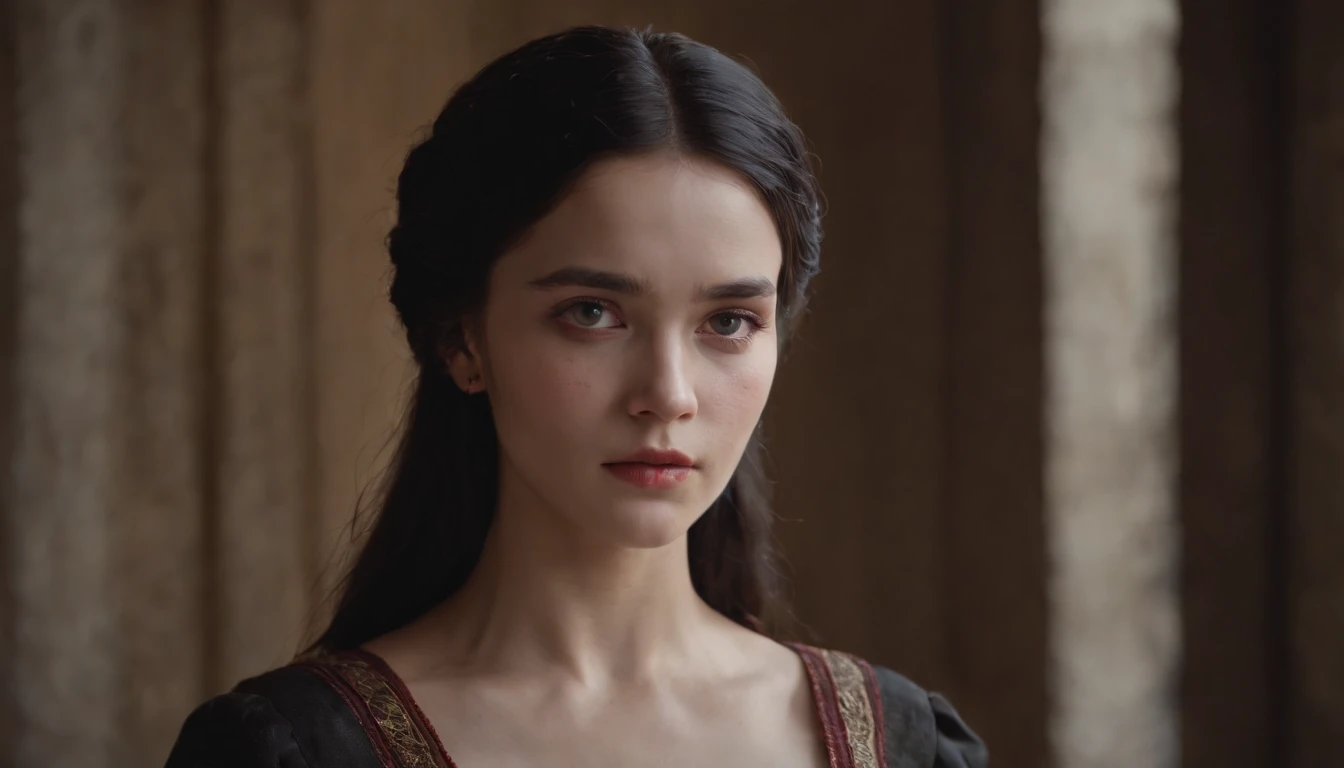 (((A black birthmark crosses her left eye))) Fair complexion, Female about 19 years old, Natural black hair, Characteristic scarlet flaming eyes, Wearing Kohl, slender and graceful, Beautiful, Room in medieval setting, ultra sharp focus, realistic shot, Medieval modest women's clothing, Gloomy colors (scar:1.4), There is hatred and fear on her face.