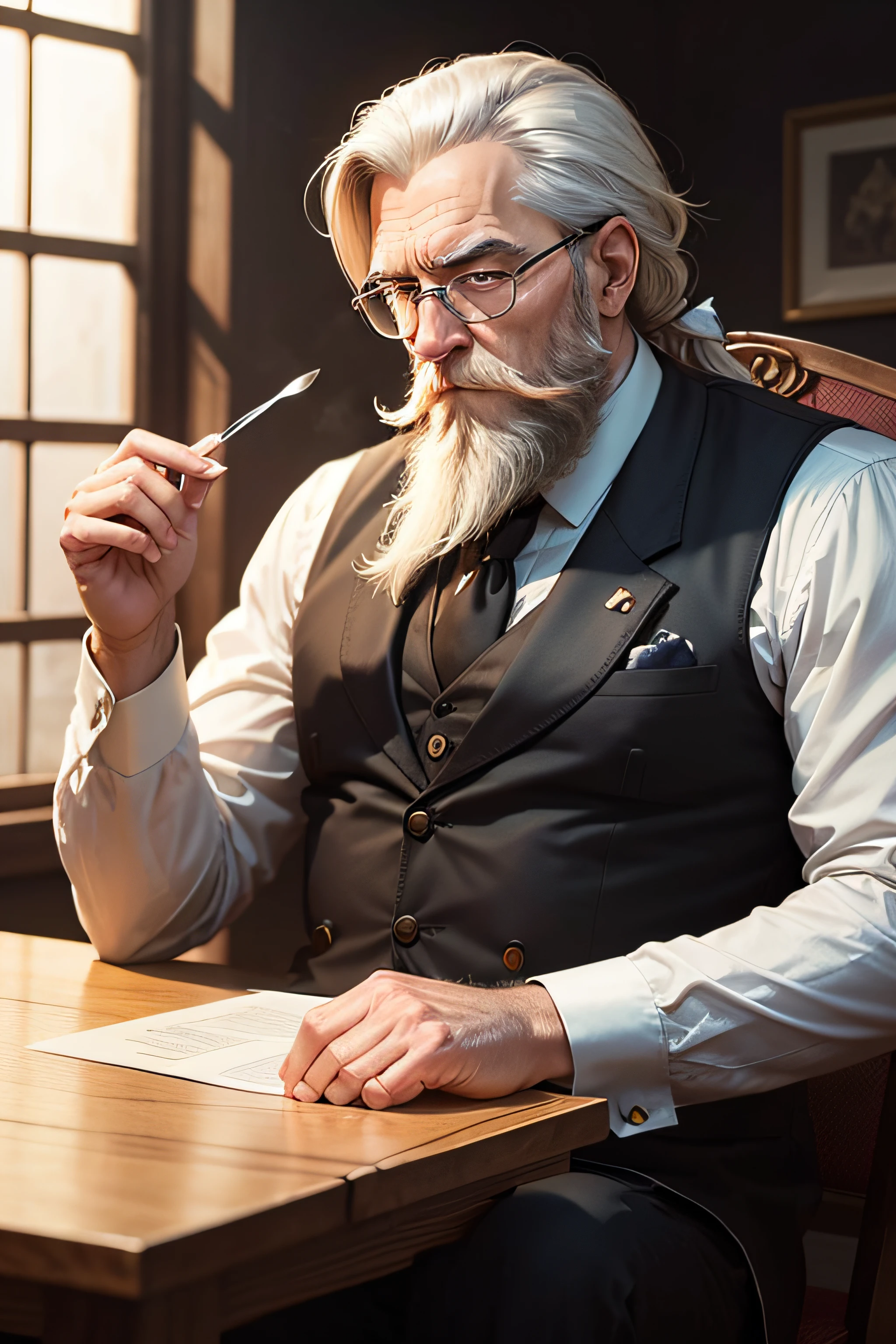 Produce an image featuring a sophisticated, mature man with a long beard and a vintage monocle, captured from a right side view. sitting. He's holding tweezers in his left hand, gesturing slightly with his raised left hand, and his gaze is fixed on the single grain of salt positioned on a table in front of his chest. his right hand is resting on the table  where he seems to be meticulously examining a single grain of salt. This visual conveys a mafia-style atmosphere