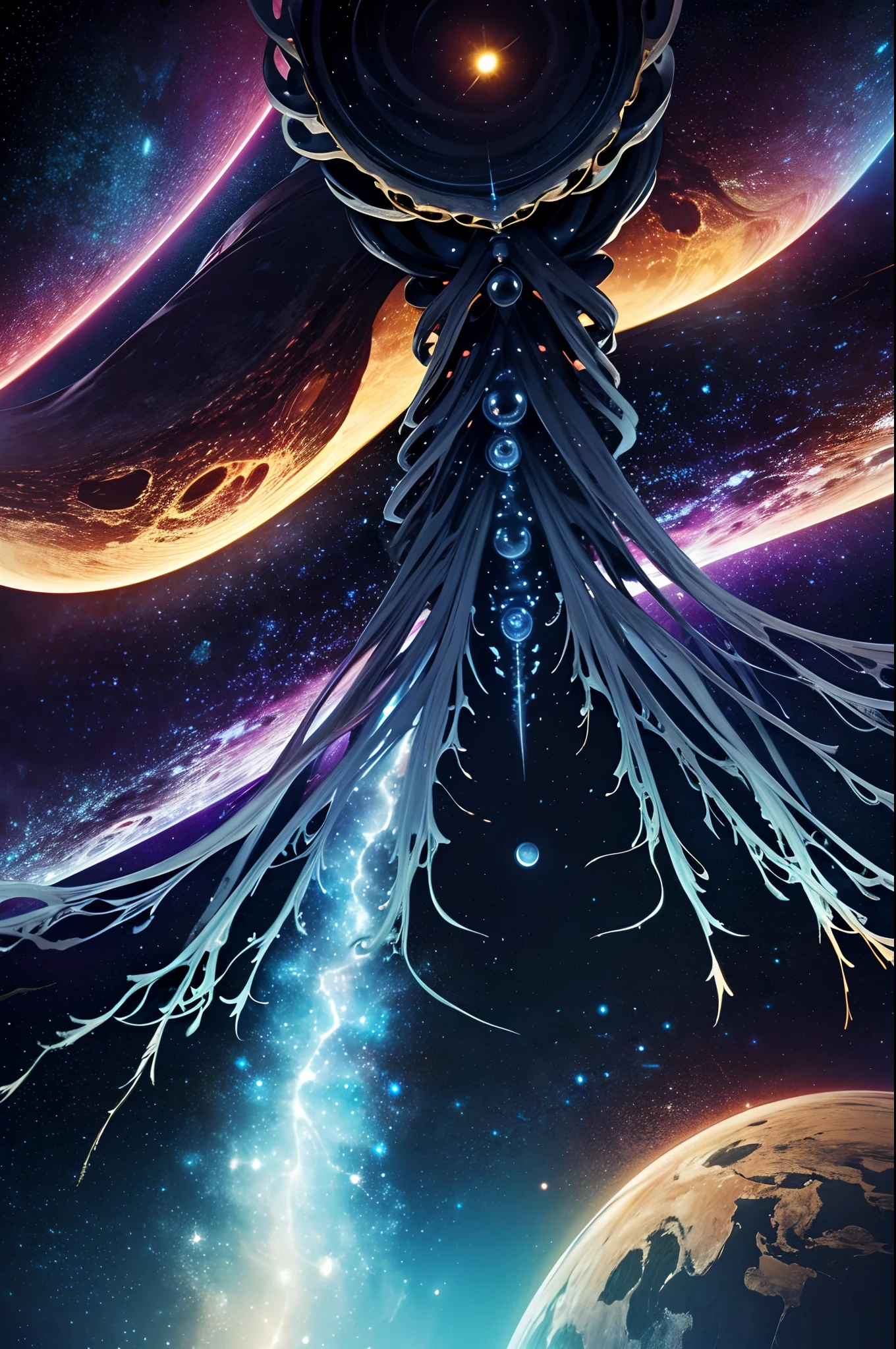 "cosmic entity": um ser com quatro olhos brilhantes, multiple arms, A breathtaking view from space reveals a twisted galaxy full of strange life forms and entities that humans understand. Planet with night sky, fenda, leviathan, 8k, lindo, dramatic scene