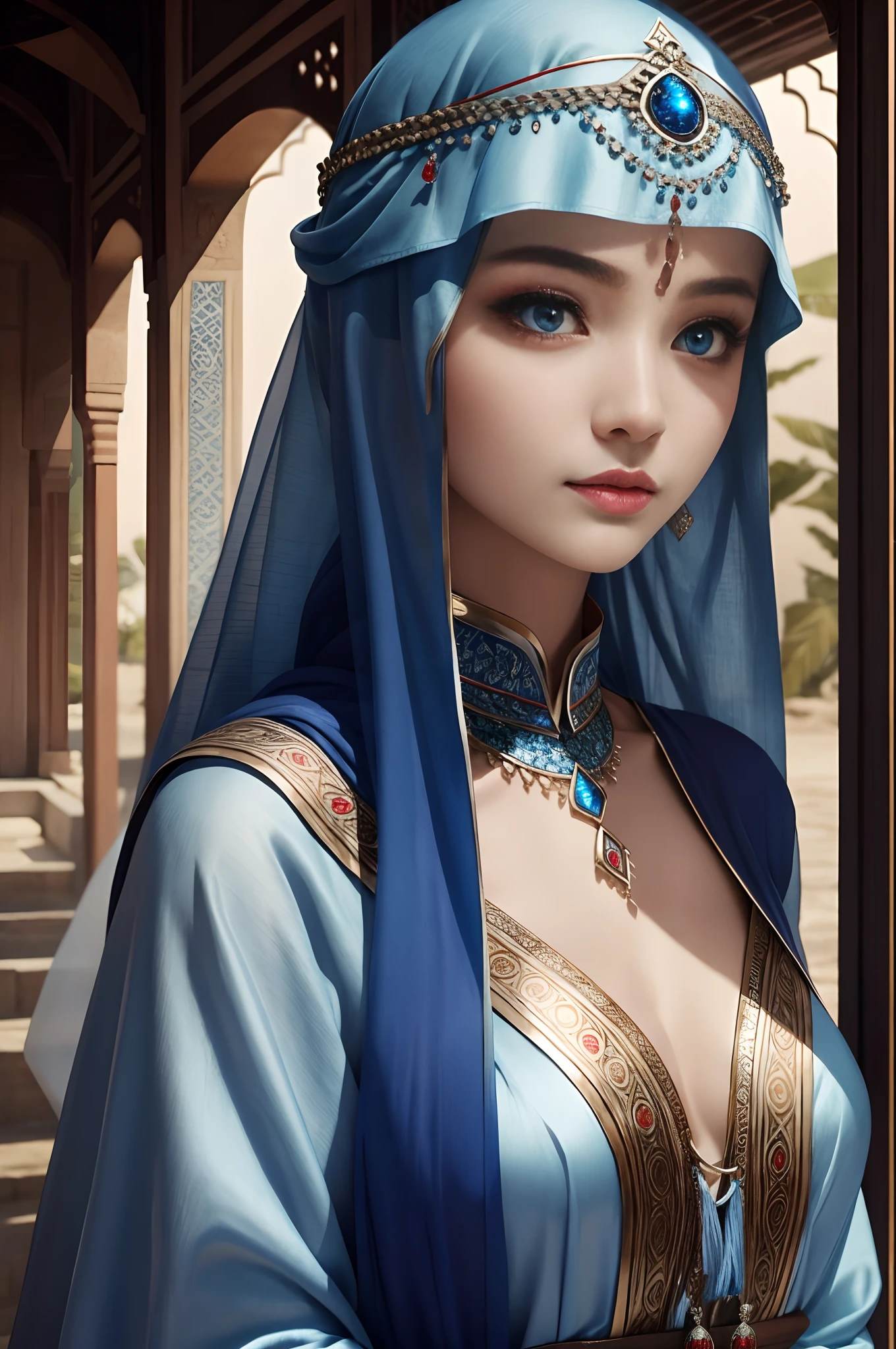 ((masterpiece、top-quality、realisitic、ultra-detailliert、hight resolution、Photorealsitic))、High contrast、High color saturation、High brightness、face lights、Beautuful Women、bustshot、Focus from the chest up、Beautiful woman at 30 years old、Loose hair、Silky brown skin (Oil lighting)、Perfect detailed face、Detailed perfect eye、fleshy lips、Egyptian Hijab、Perfect body、Gemstone Bangles (Realistic Photos)、Blue and White Egyptian Dress、Black Fabric、((Blurry background))、 ((hyper realisitic、Realistic and intricate details))、A smile、Sensory characteristics、(Highly detailed textures and environments、Pure perfect lighting)、Look at viewers、Detailed hand depiction、at noon、Bright atmosphere、Egyptian deserts and pyramids