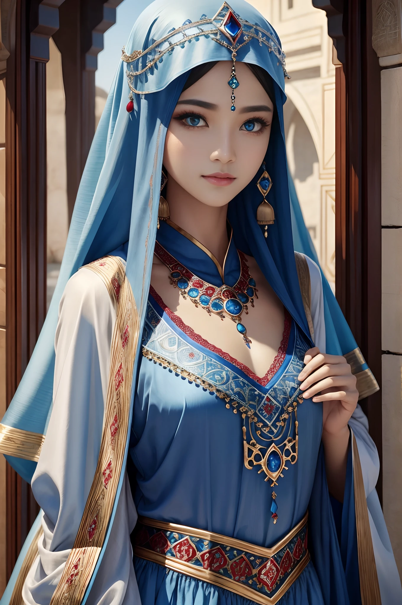 top-quality、Extremely Delicately Beautiful、(Blue and red odd eyes)、arabian clothes 、silber hair、femele、((Brown skin))