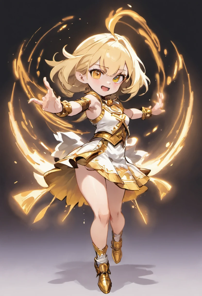 6 magician,bit girl,adolable,White and tender skin,Short golden white skirt,Manipulate natural magic