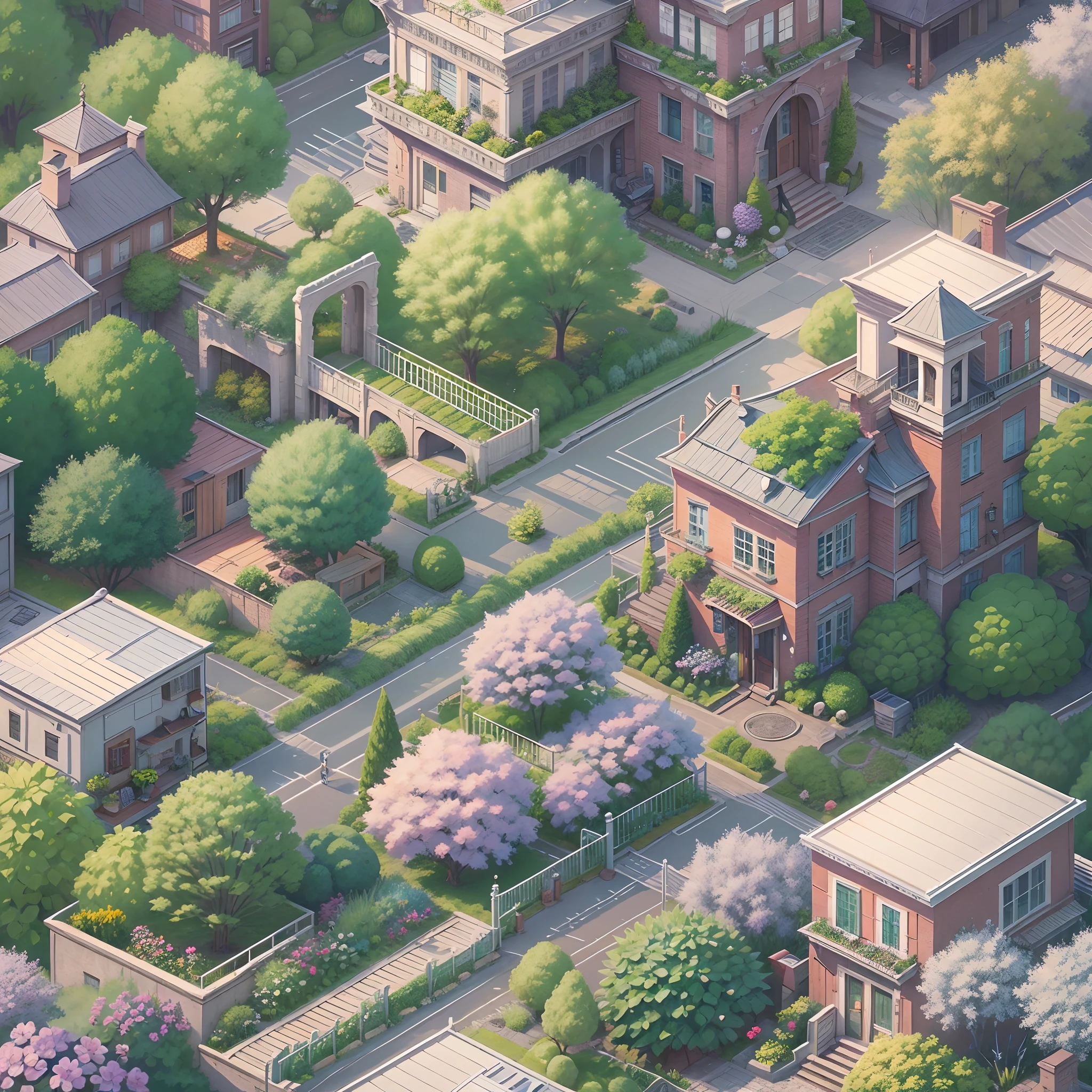 （Isometric animation,cold shades，white backgrounid，Caustics，sharp-focus:1.5),bridge, Building, Bush, City, Cloud, day, Door, fence, Field,orest, sonoko, Grass, house, hydrangea, Mountain, Nature, No_Humanity, Outdoors, paths, plant, potted_plant, purple_flower, Road, scenery, sky, skyscraper, traditional_Mediums, tree,Graphic illustration style，Sewing paper style，The is very detailed，cold shades、
