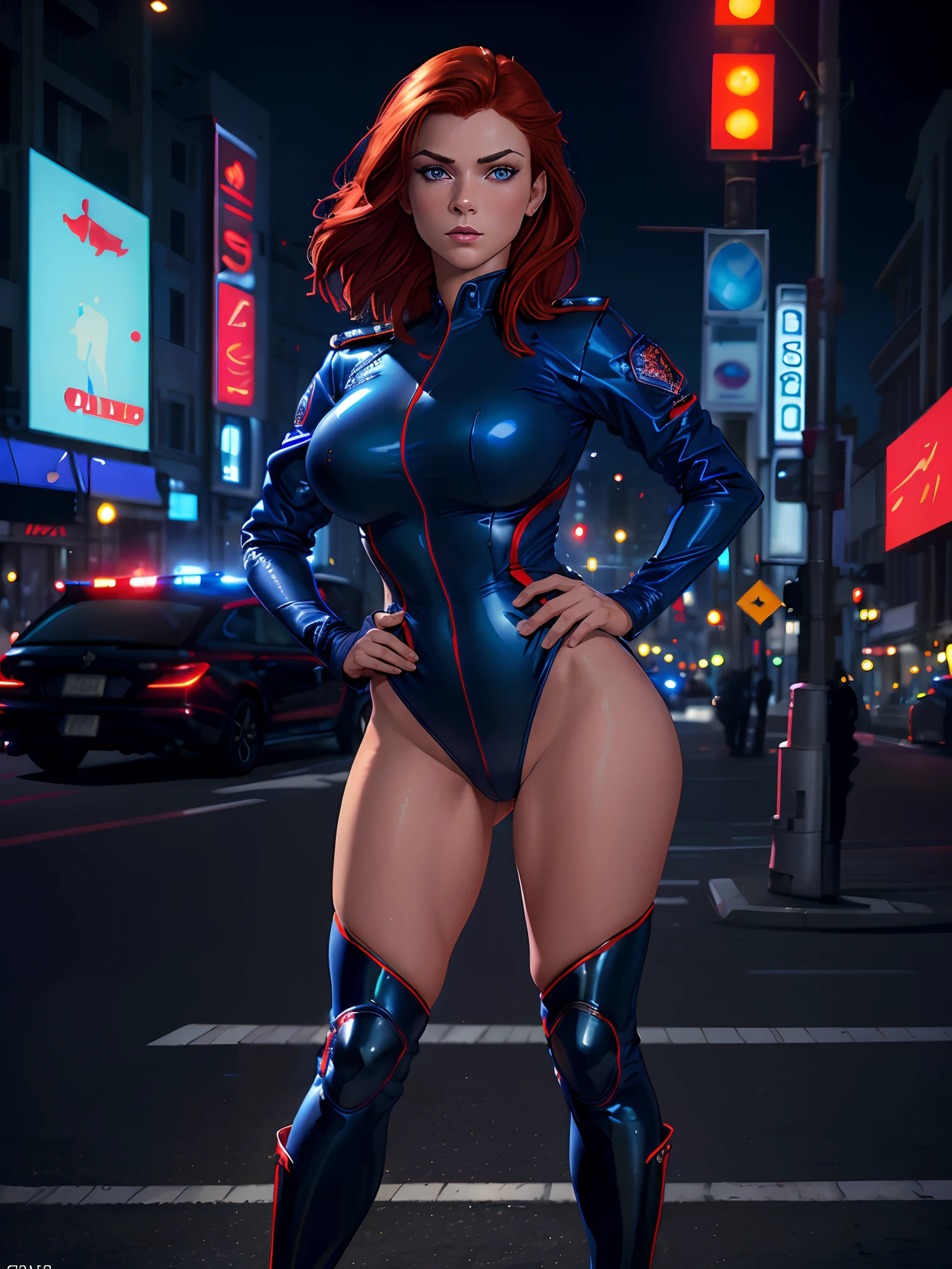((best quality)), ((masterpiece)), ((ultra realistic)), (dynamic standing pose), french redhead, beautiful detailed face, detailed eyes, sexy police woman, dressed in a blue and red leotard, city backdrop, neon edge lighting, highly detailed, professional, bare legs, full body, hands on hip, solo, matching boots, medium hair, police cruisers, perfect hands, Los Angeles