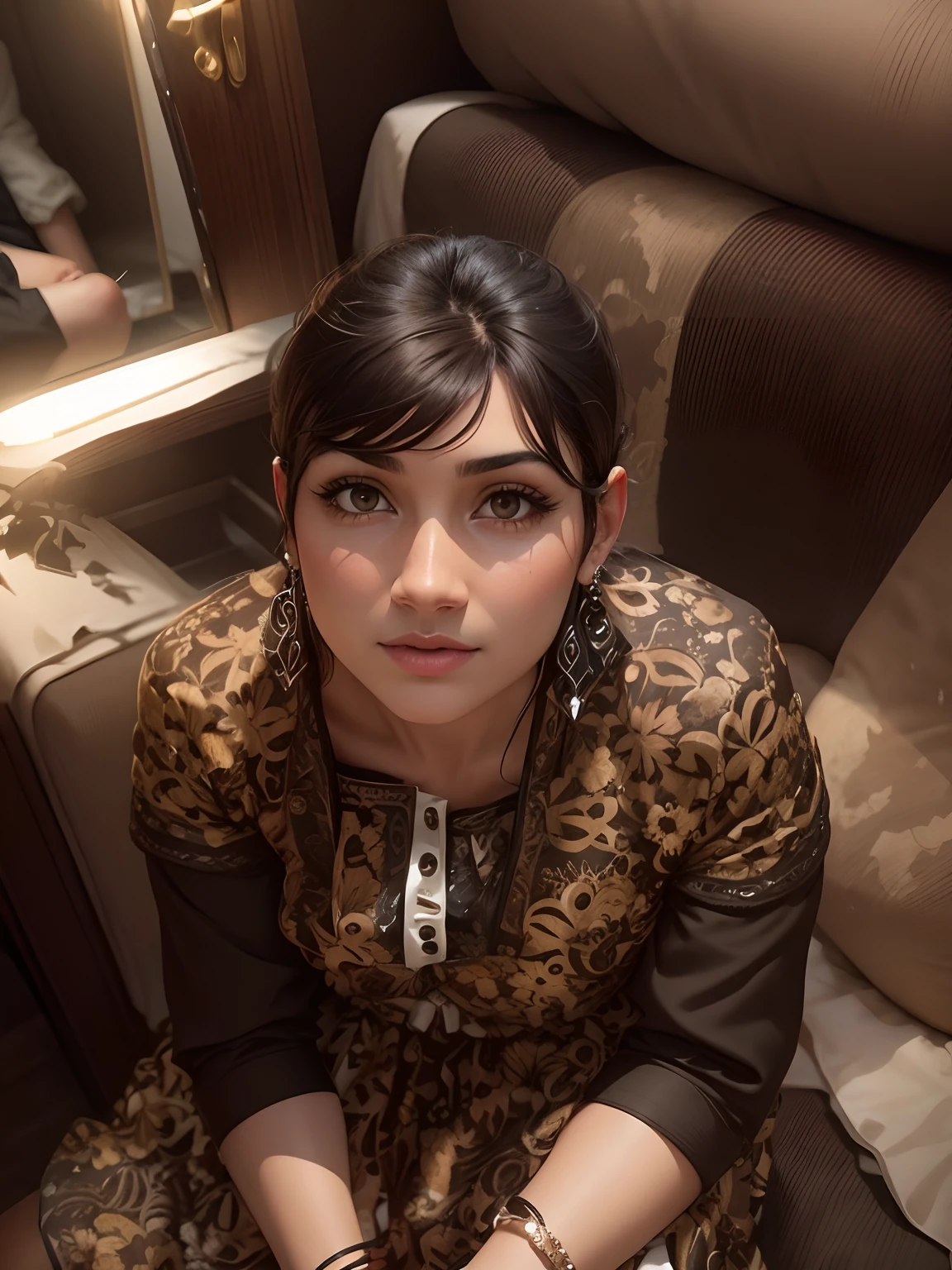short brown and black hair, background change, realistic face, good dress