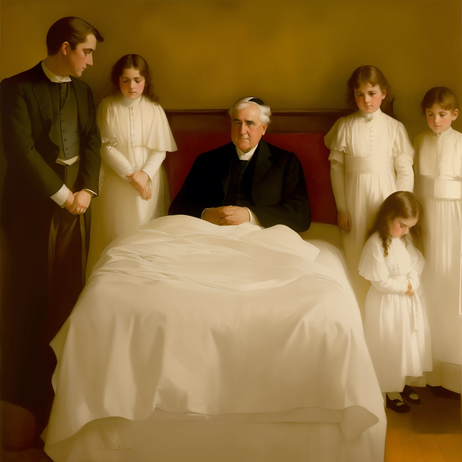 painting of a thomas Edison in a bed surrounded by children and a woman, mourning family, by Jean Béraud, by William Mustart Lockhart, the pope wakes up is his bed, by Philip de László, the catholic pope in his bed, by Laurits Tuxen, albert lynch, by Edward Arthur Walton, by Walter Leighton Clark