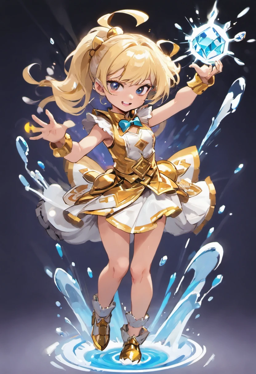6-year-old magician,bit girl,adolable,White and tender skin,Short gold and white skirt,Manipulating water magic