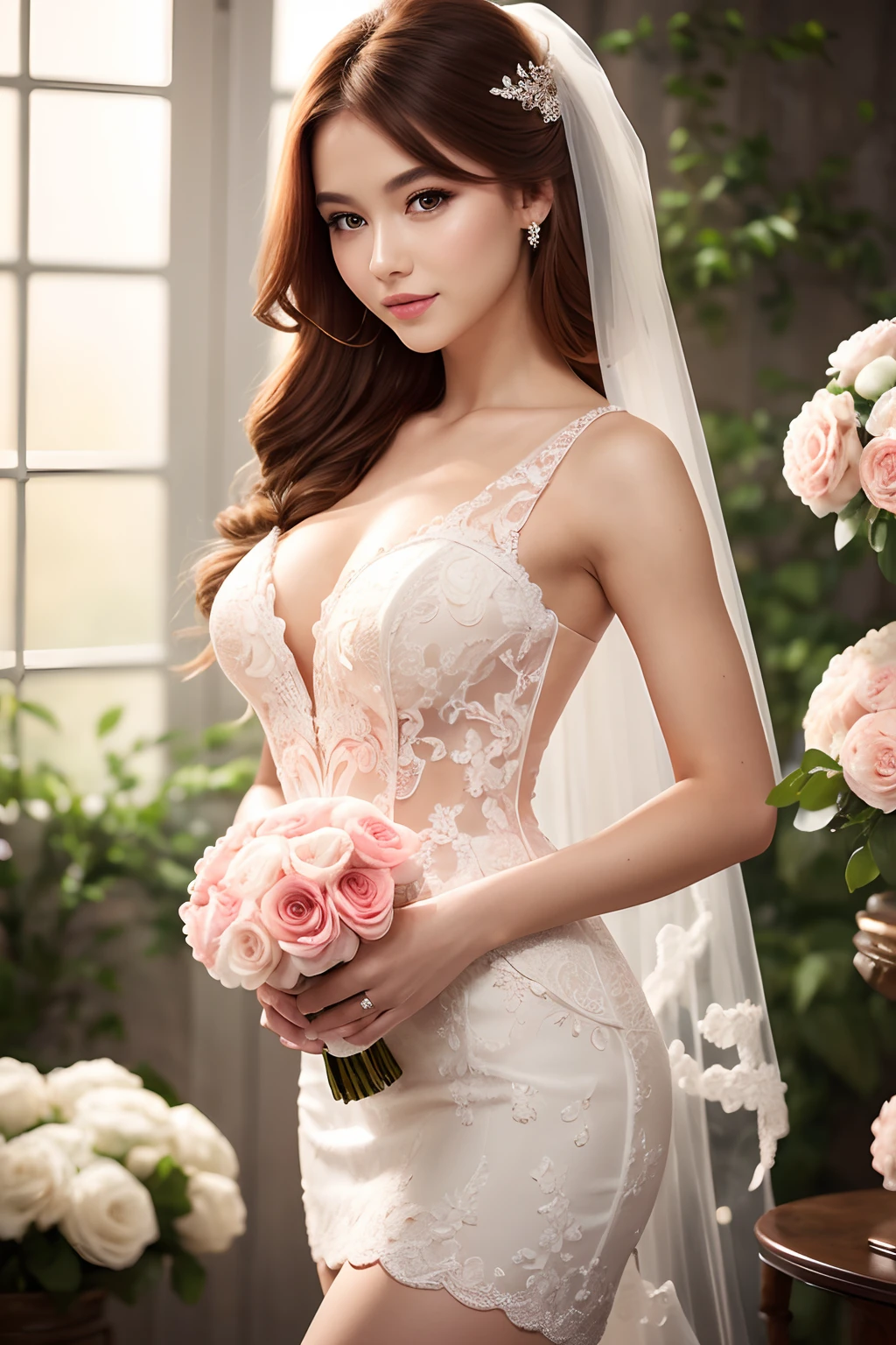 Masterpiece:1.2, Best Quality), Realistic, (real picture, intricate details, Depth of field), (1girl, 独奏), make up, parted lips, higly detailed, a perfect face, (Skindentation), thick-thighs, wide hips, small waist, ah high, glossy coral lips,, (Girl in wedding dress with flowers in her hands )), Sexy, Blushing, Russian redhead, soft smile