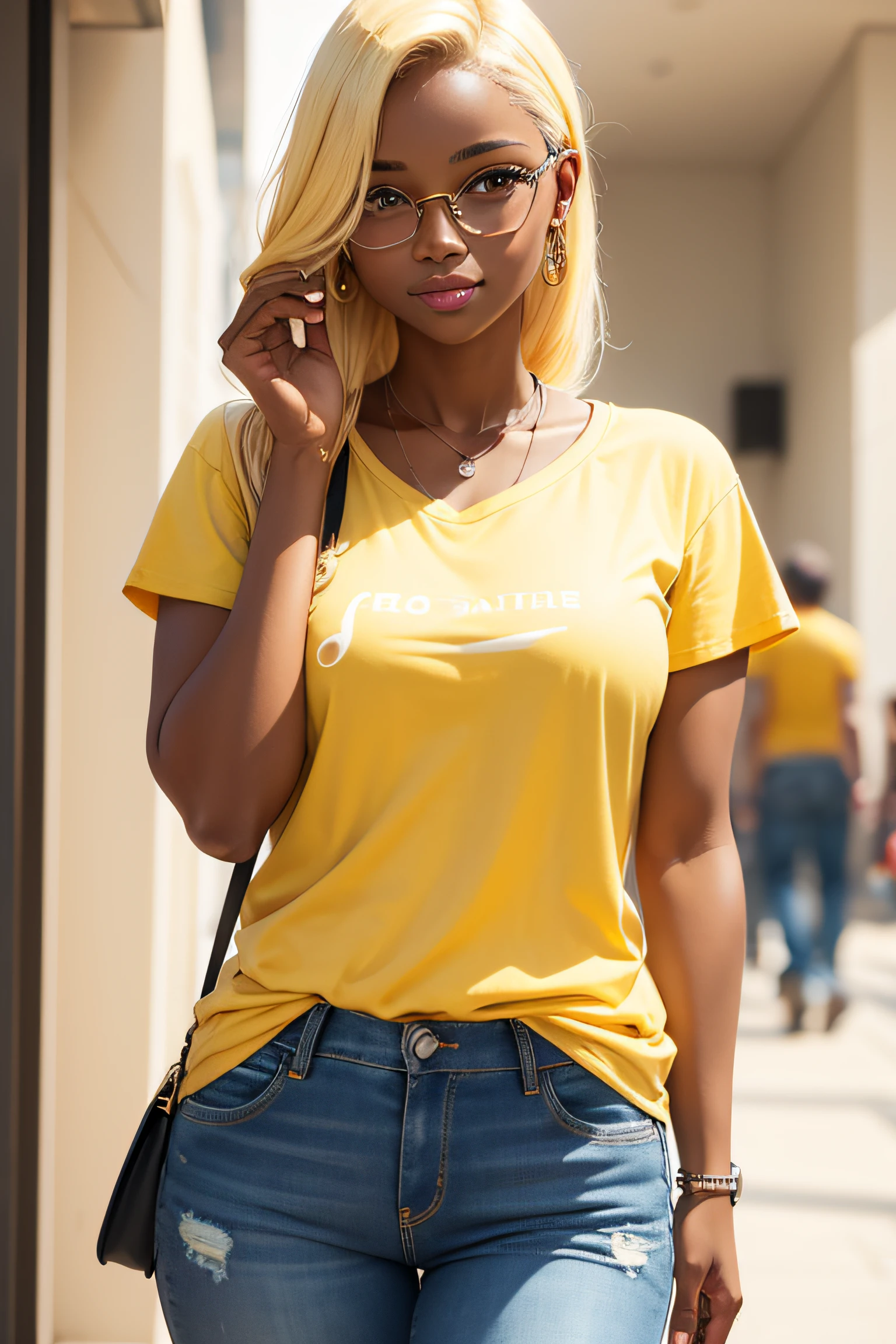 (highest resolution, Diferente_Imagem), melhor qualidade, master part, altamente detalhado, Semi realistic, peitos grandes, dark skin, yellow hair, eyeglass, corpo inteiro, jeans, yellow t-shirt, white sneakers, stand, happy.