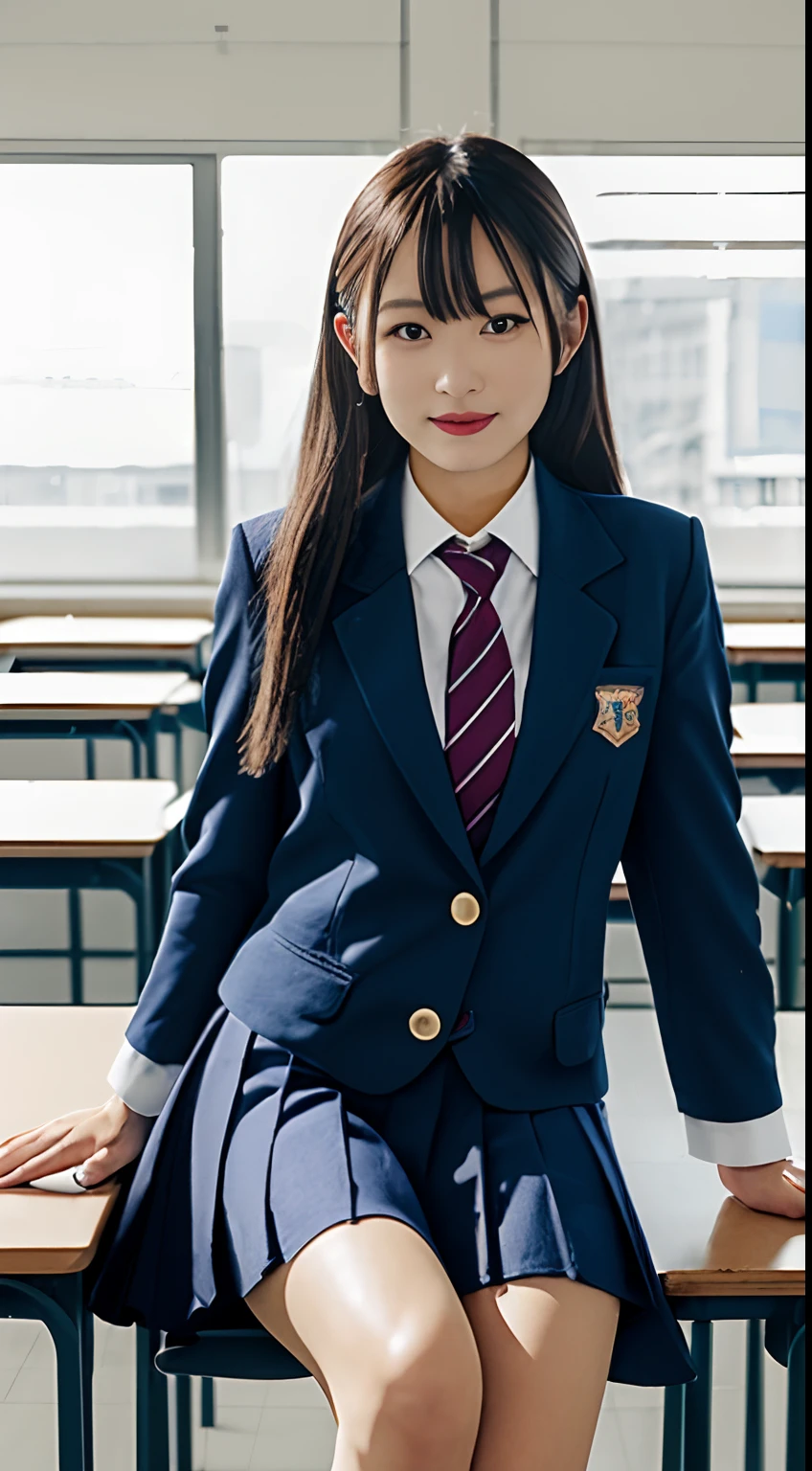 Young woman in school uniform poses for photo, girl in school uniform, girl in Japan school uniform, wearing Japan school uniform, Seifuku, Japan girl wearing school uniform, JK school uniform, surreal schoolgirl, wearing school uniform, wearing school uniform, shot with Canon 5D Mk4, shot with Canon EOS 5D Mark IV, schoolgirl wearing principal uniform, 1 woman close-up, 35mm masterpiece, vivid details, super detail, realistic skin texture, live action, super high quality, navy blue blazer school uniform, navy blue pleated mini skirt, dark blue socks, navy blue high socks, gray high socks, brown loafers, knee little boy in high socks, smile, beautiful face, beautiful Japan woman, , idol class cuteness, beautiful girl, full body shot, standing figure, Beautiful thighs, beautiful legs, beautiful high school girl, extremely cute, knee little boy, looking from above, inner thigh, daytime, knee little boy out, healthy inner thigh, bare legs between knee child and skirt, socks from below knee, natural light, chin raise, neck scruff, fierce cute high school girl