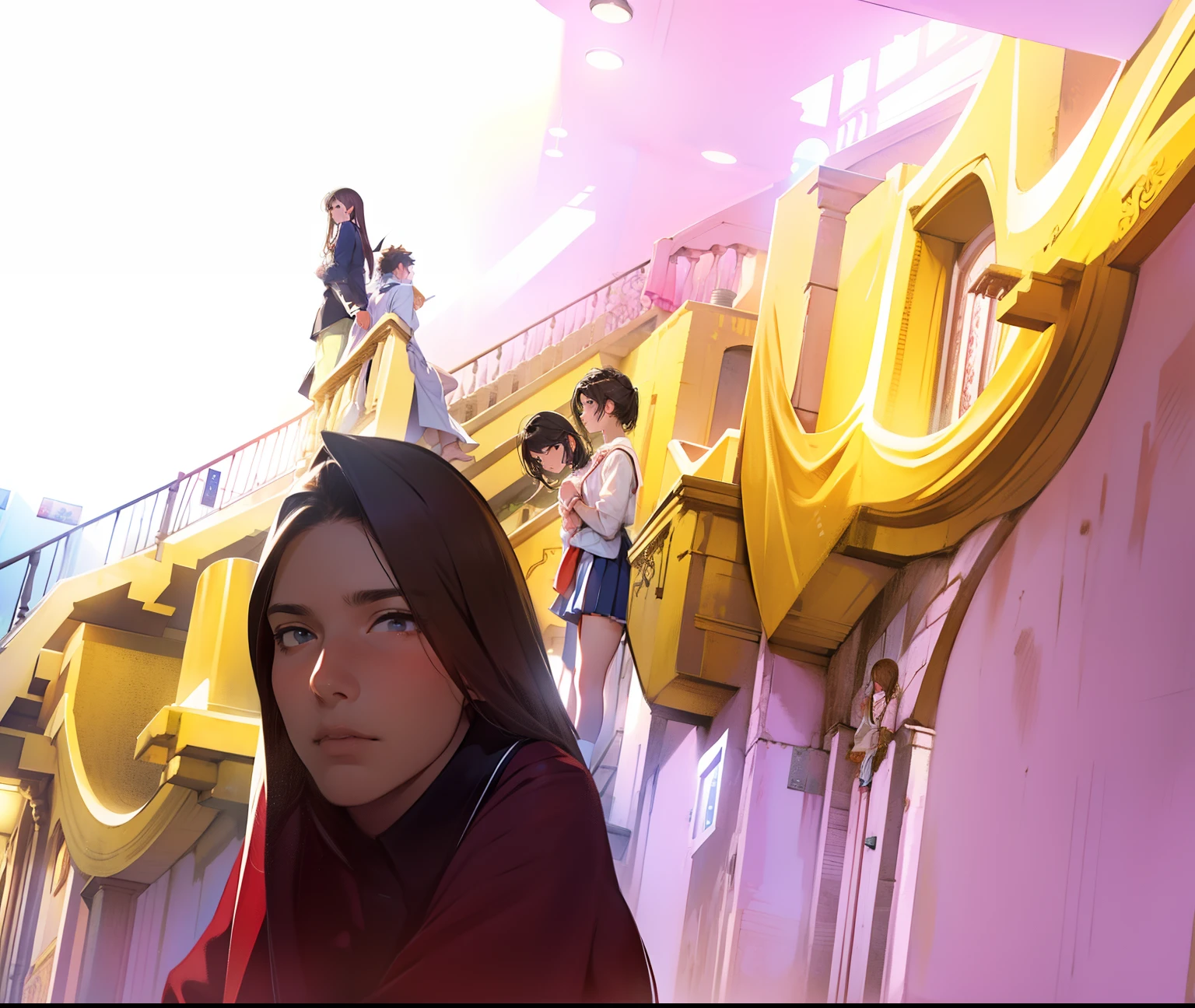 {{Male and female couples}}、Stairs in the house、sitting on stairs、Girl in white blouse and tight skirt、Man's cold gaze、Boys' School Uniform、Put your hands around your waist